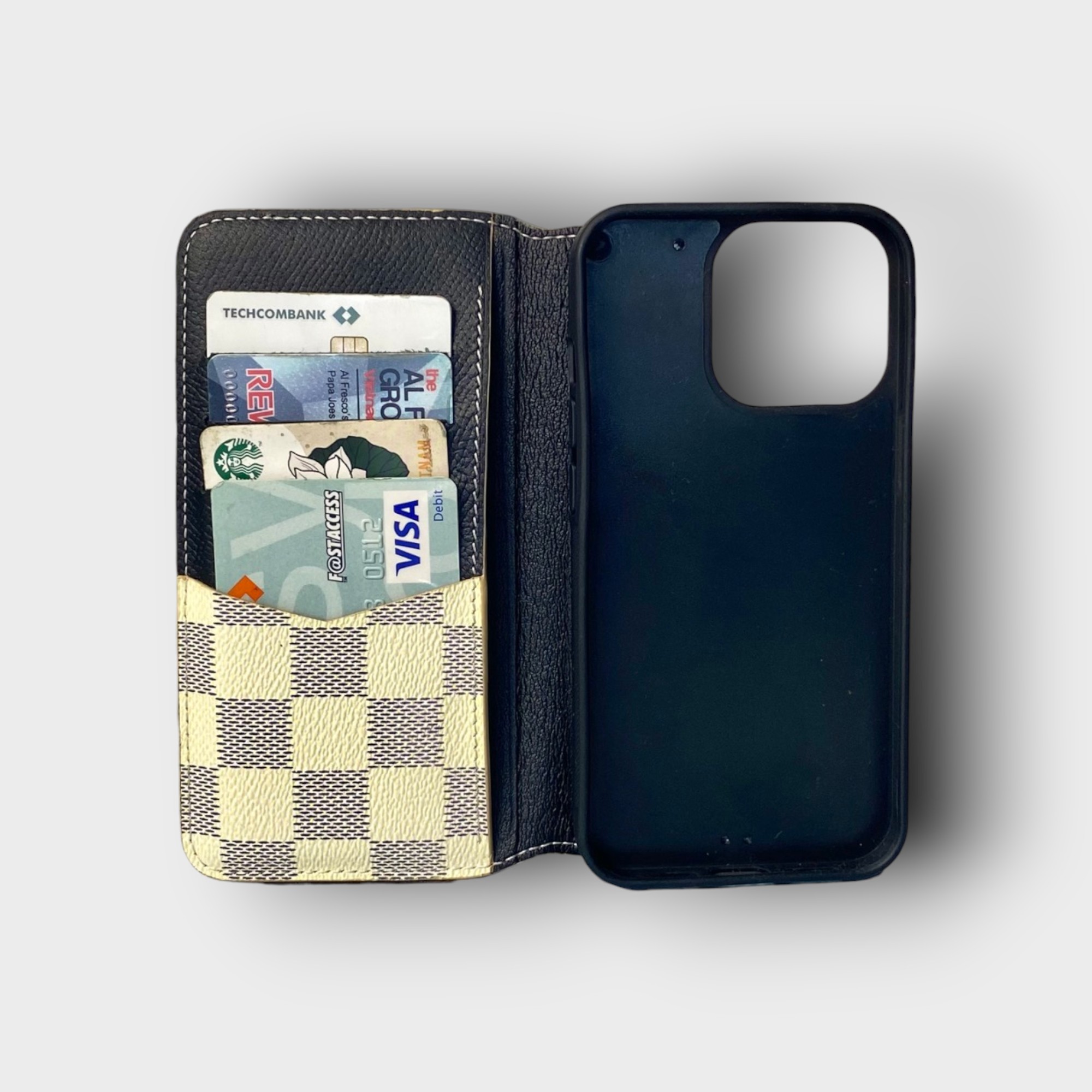 LS0874 - Bao da thủ công viền đen Flip - LV - LV3 Caro trắng - 13 Pro