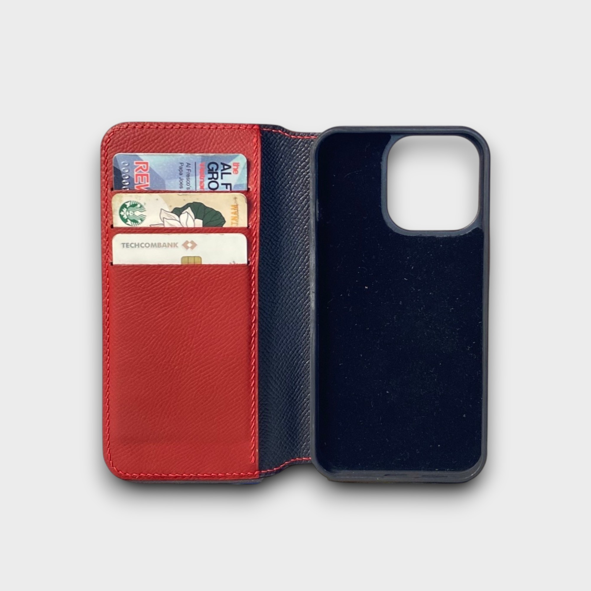 LS0875 - Bao da thủ công viền đen Flip - Epsom - E9 Đỏ đô - 13 Pro