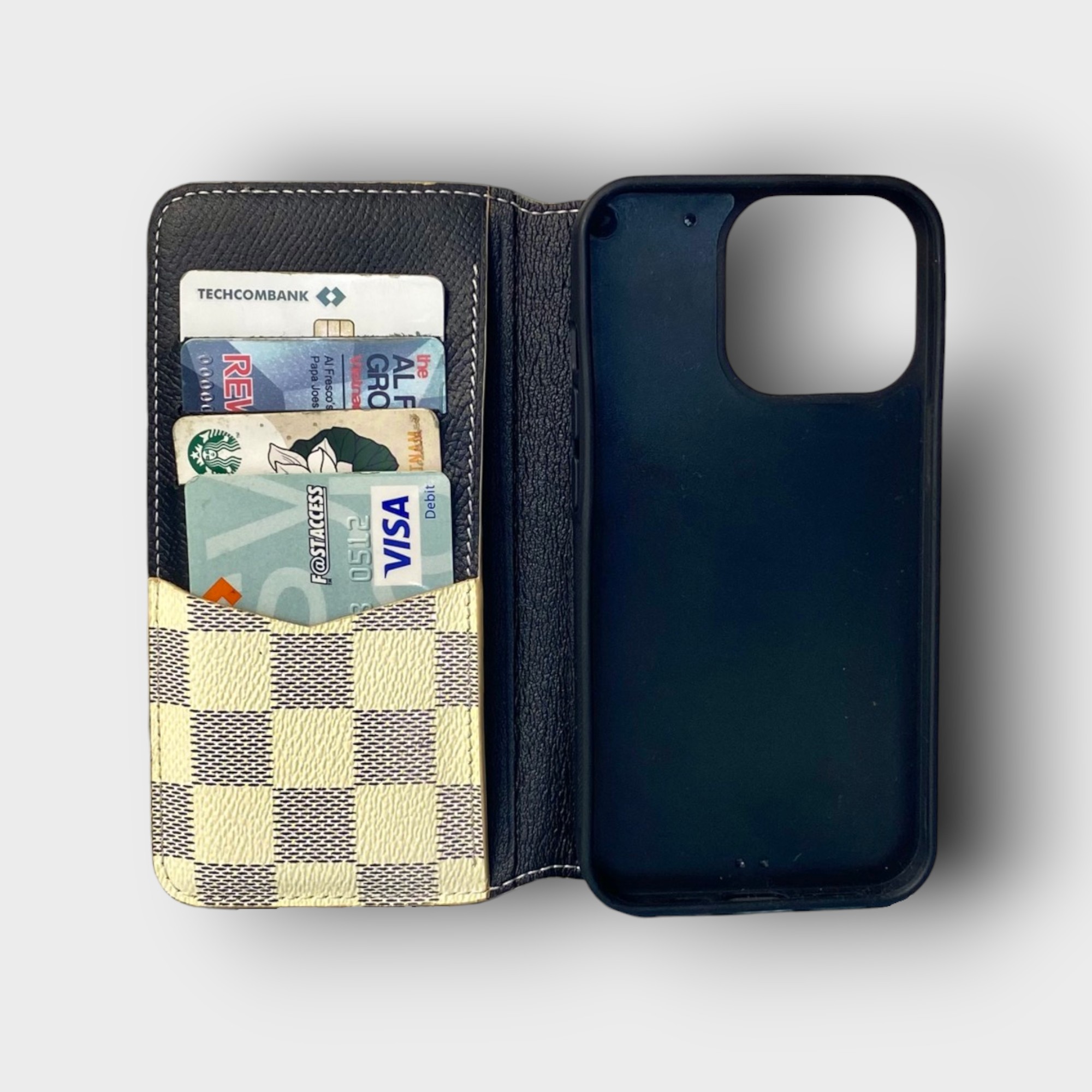 LS0876 - Bao da thủ công viền đen Flip - LV - LV3 Caro trắng - 13 Pro