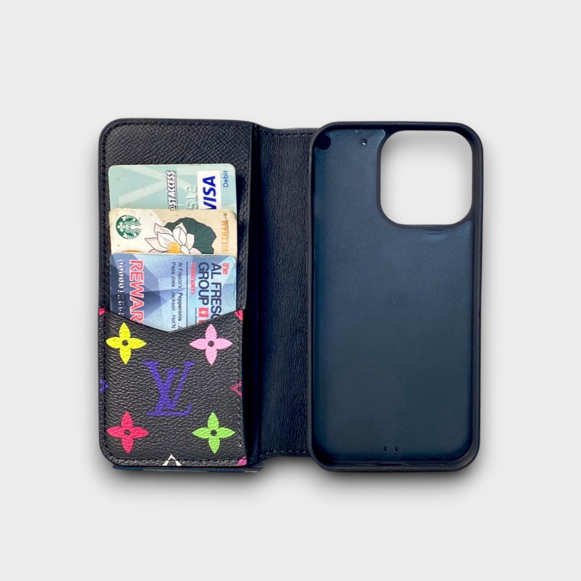 LS0878 - Bao da thủ công viền đen Flip - LV - LV cầu vồng nền đen - 13 Pro