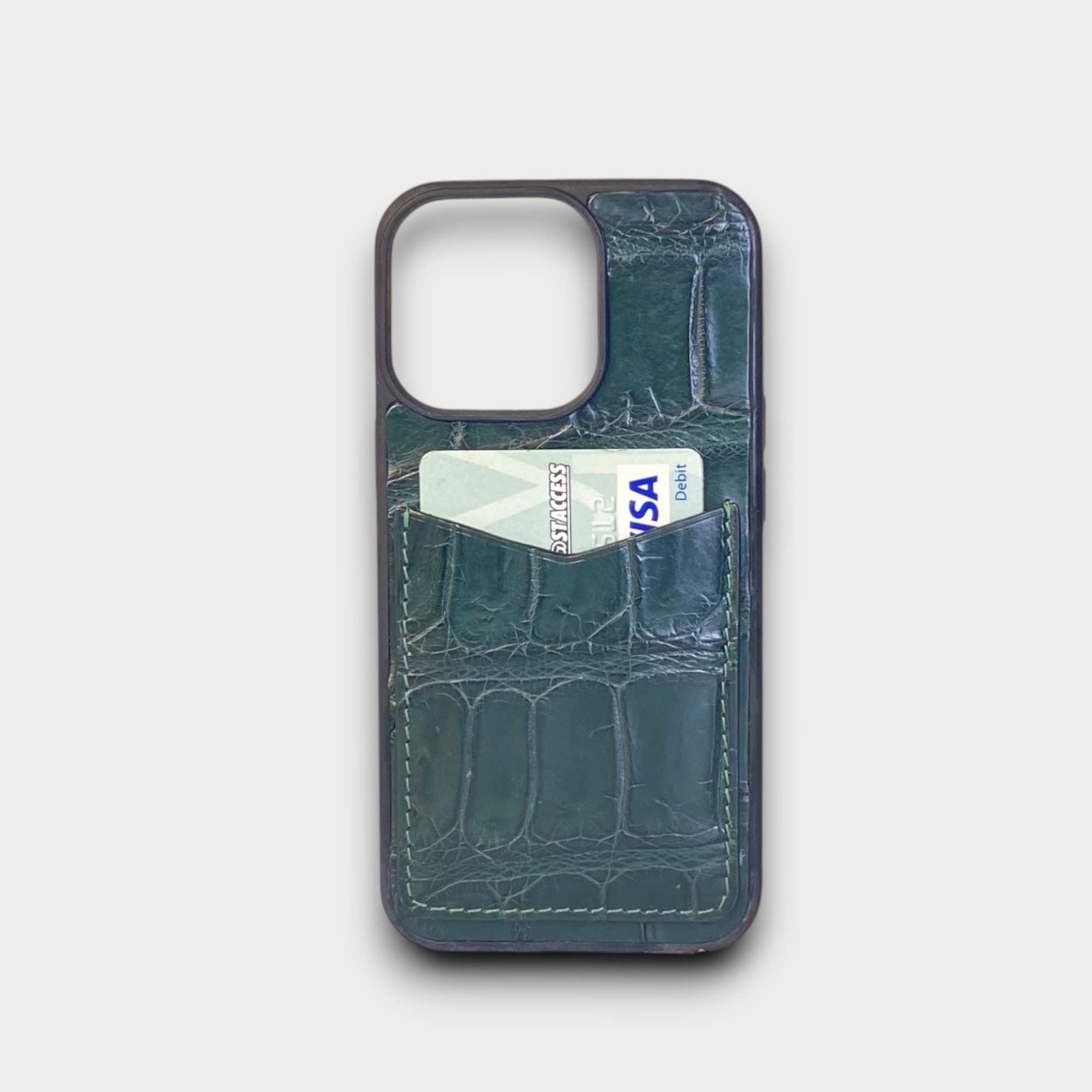 LS0884 - Ốp da thủ công viền đen khe thẻ dọc - Cá sấu - E6 Xanh rêu - 13 Pro