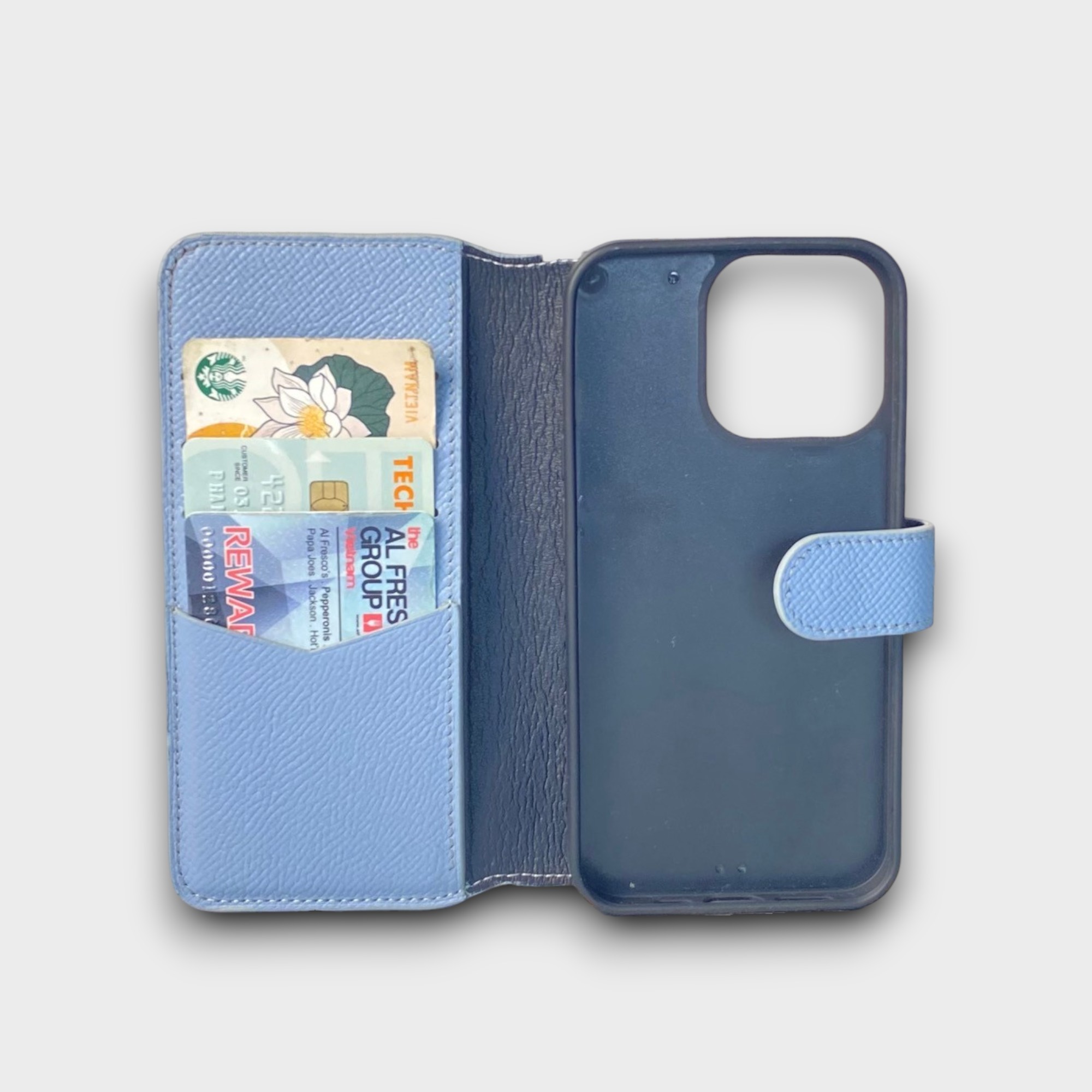 LS0887 - Bao da thủ công viền đen Flip cài charm ong - Epsom - E23 Xanh sierra - 13 Pro