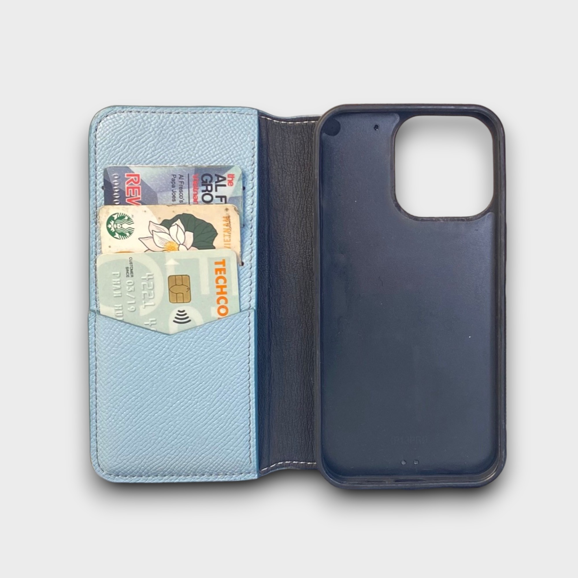 LS0888 - Bao da thủ công viền đen Flip - Epsom - E23 Xanh sierra - 13 Pro