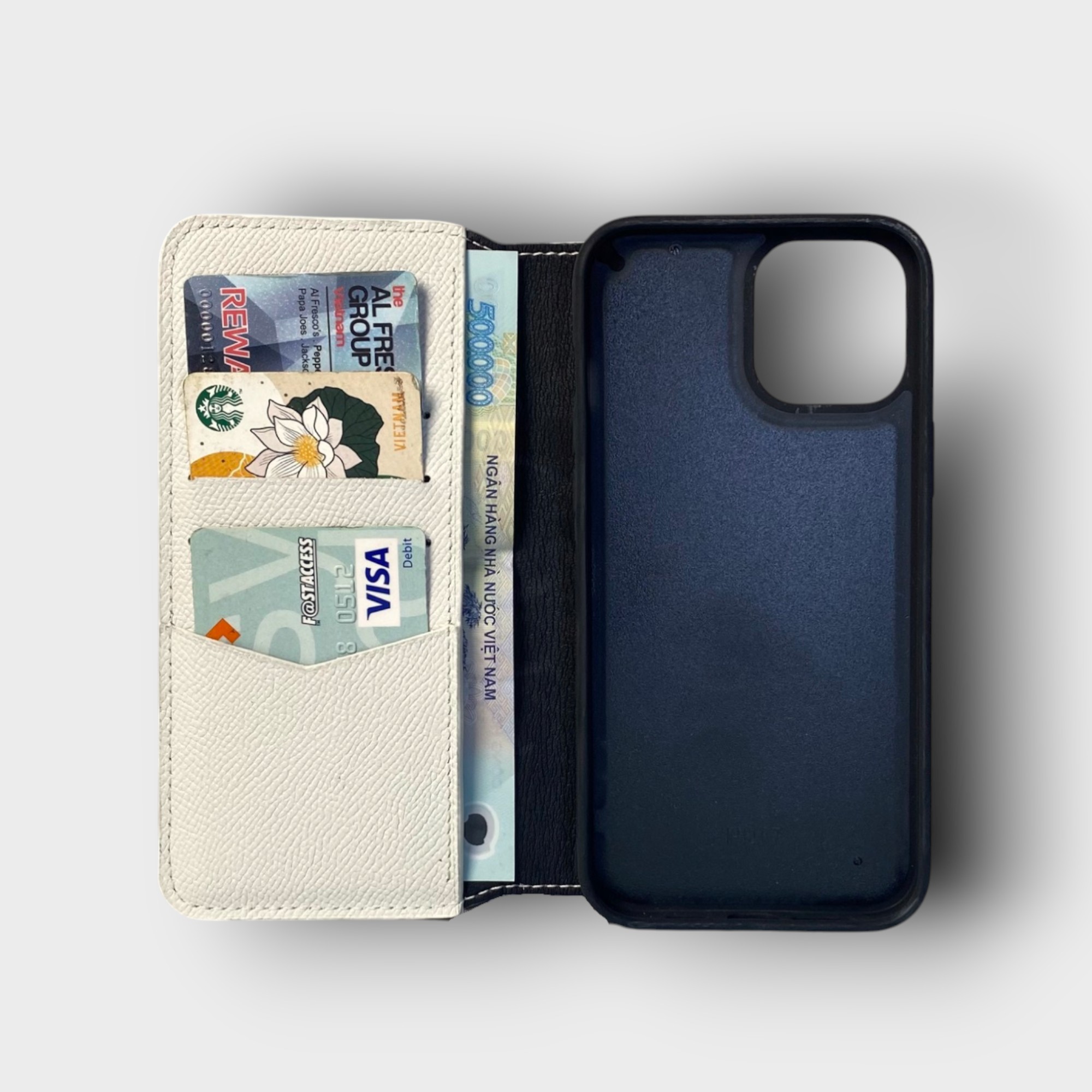 LS0926 - Bao da thủ công viền đen Flip - Epsom - E20 Trắng - 12/ 12Pro