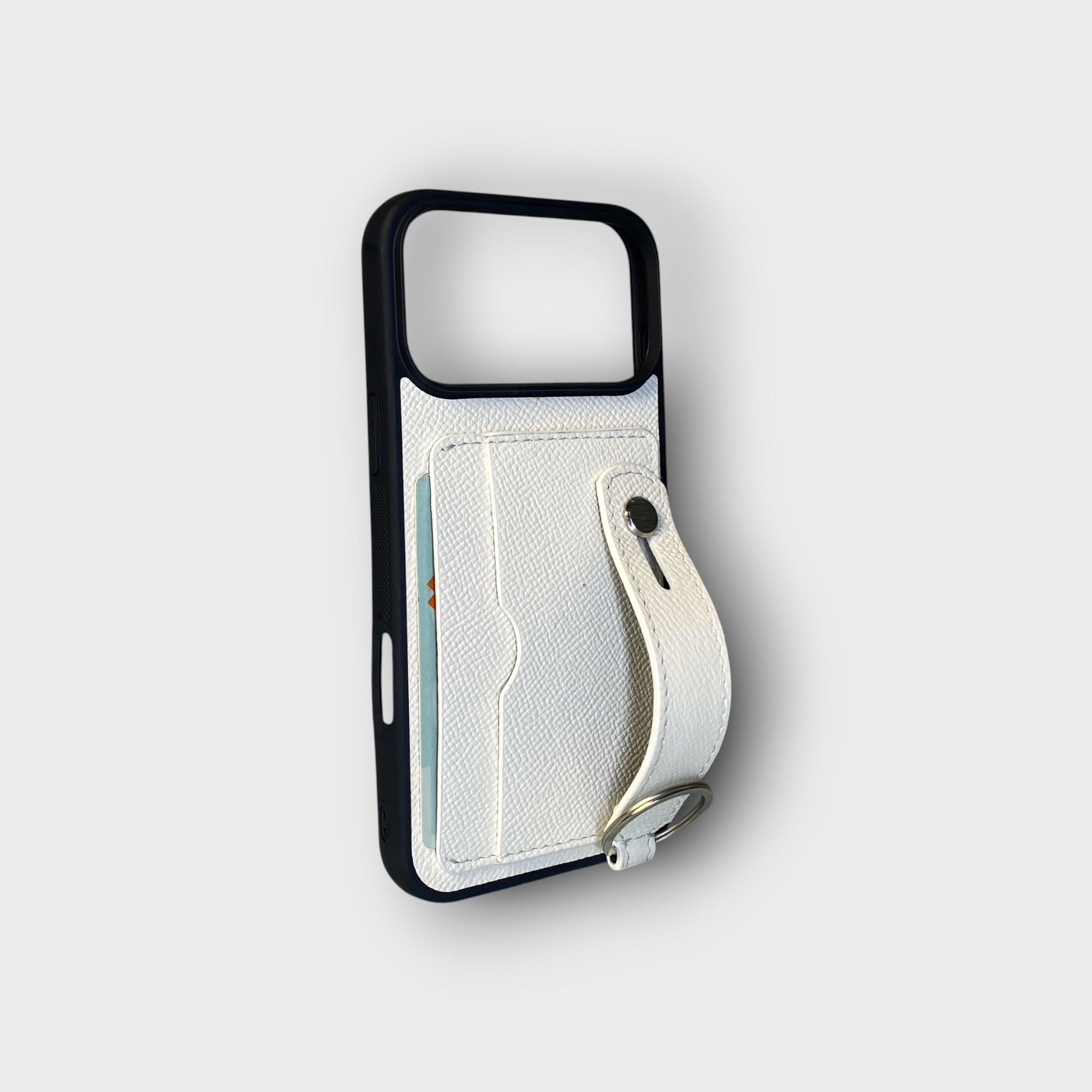 LS0947 - Ốp da thủ công viền đen 2 khe thẻ handstrap kèm dây đeo - Epsom - E20 Trắng - 17 Promax