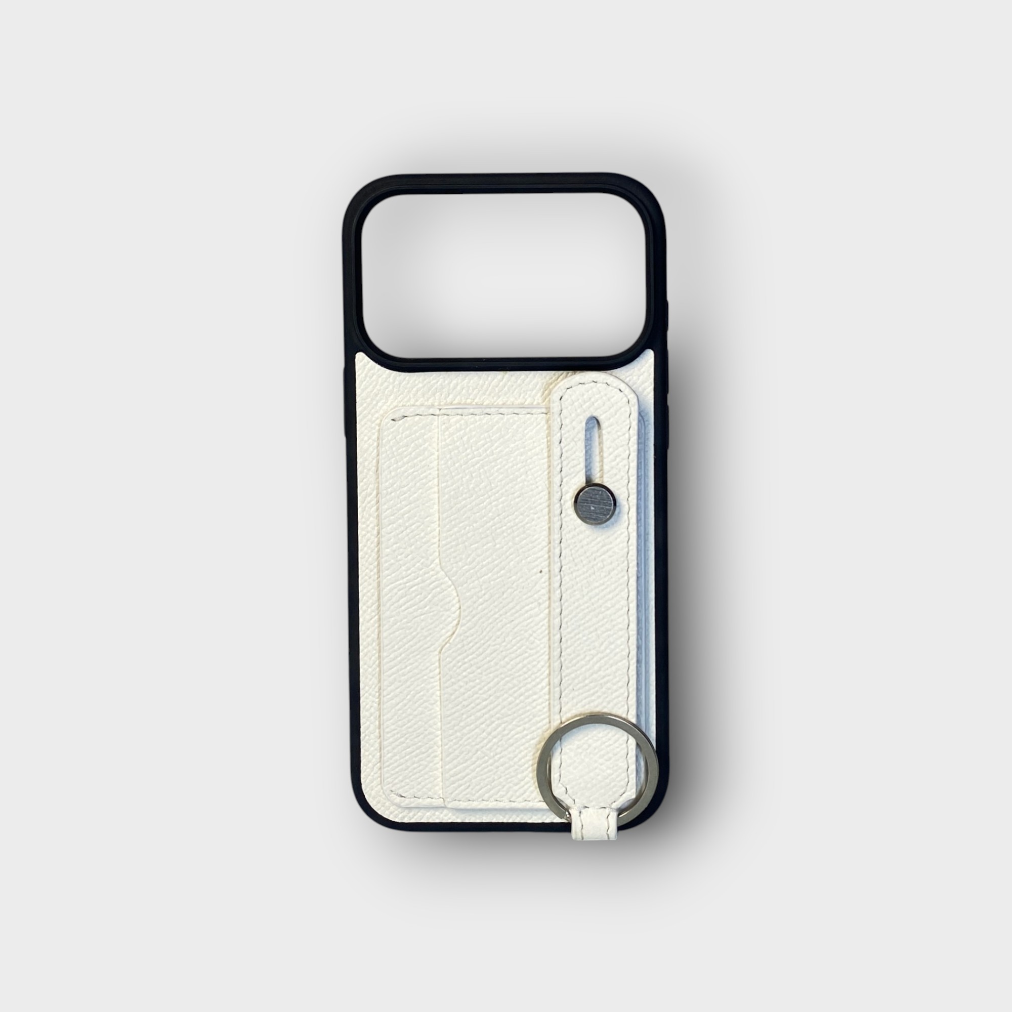 LS0947 - Ốp da thủ công viền đen 2 khe thẻ handstrap kèm dây đeo - Epsom - E20 Trắng - 17 Promax