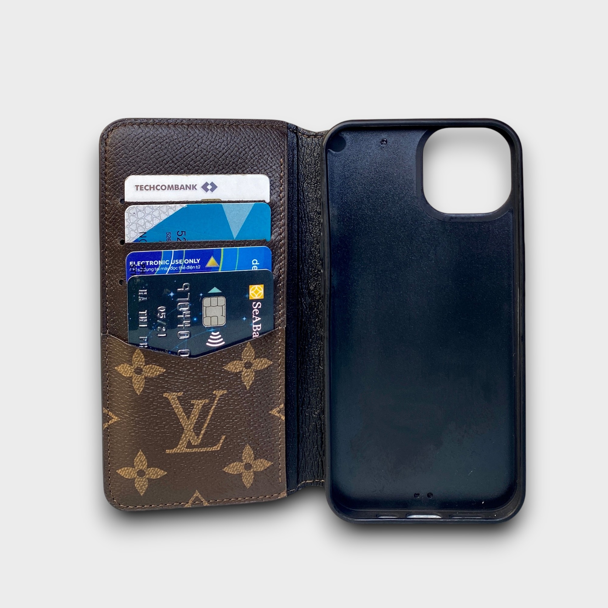 LS0952 - Bao da thủ công viền đen Flip - LV - LV2 Chữ nâu - 13