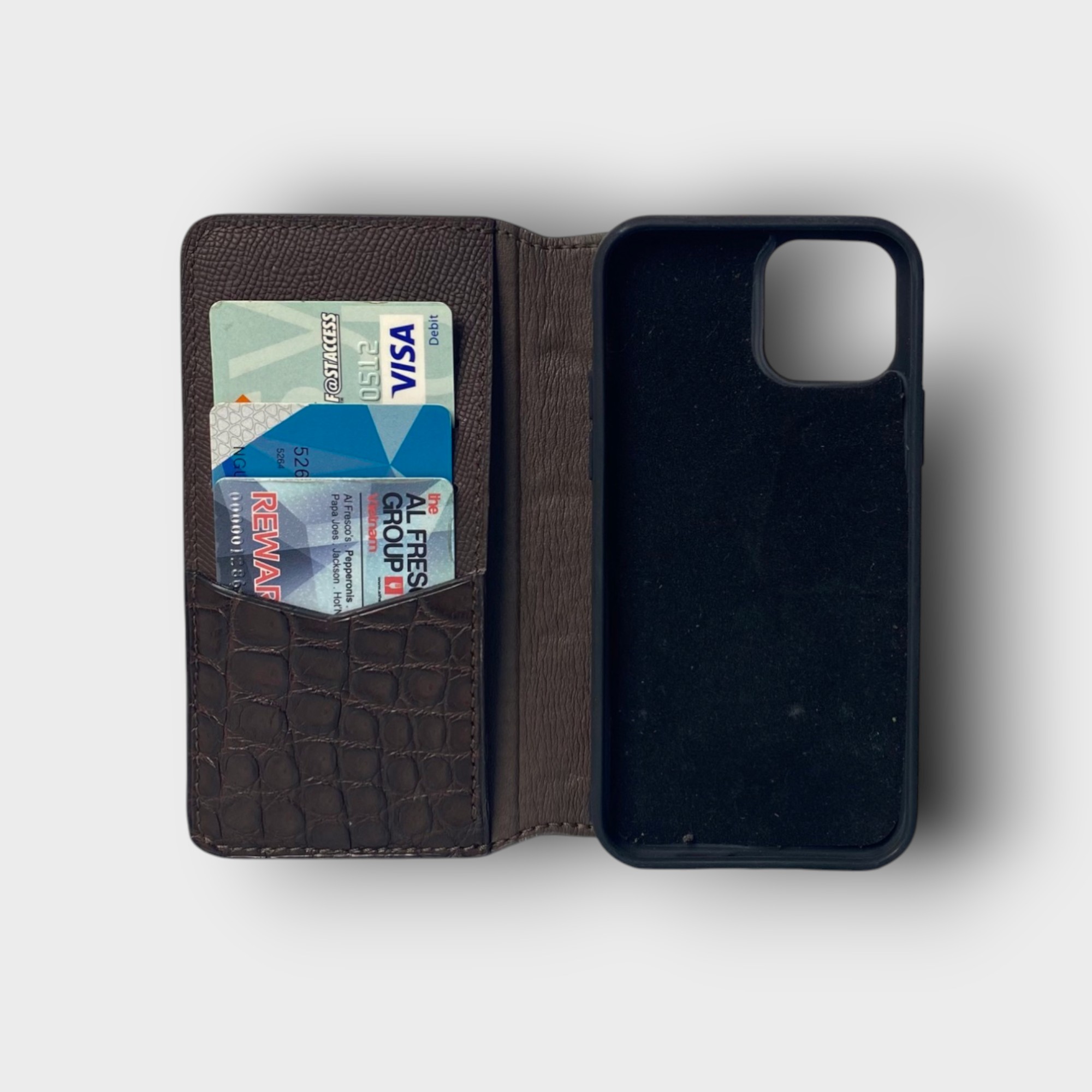 LS0961 - Bao da thủ công viền đen Flip - Cá sấu - CS4 Nâu cafe - 12/ 12Pro