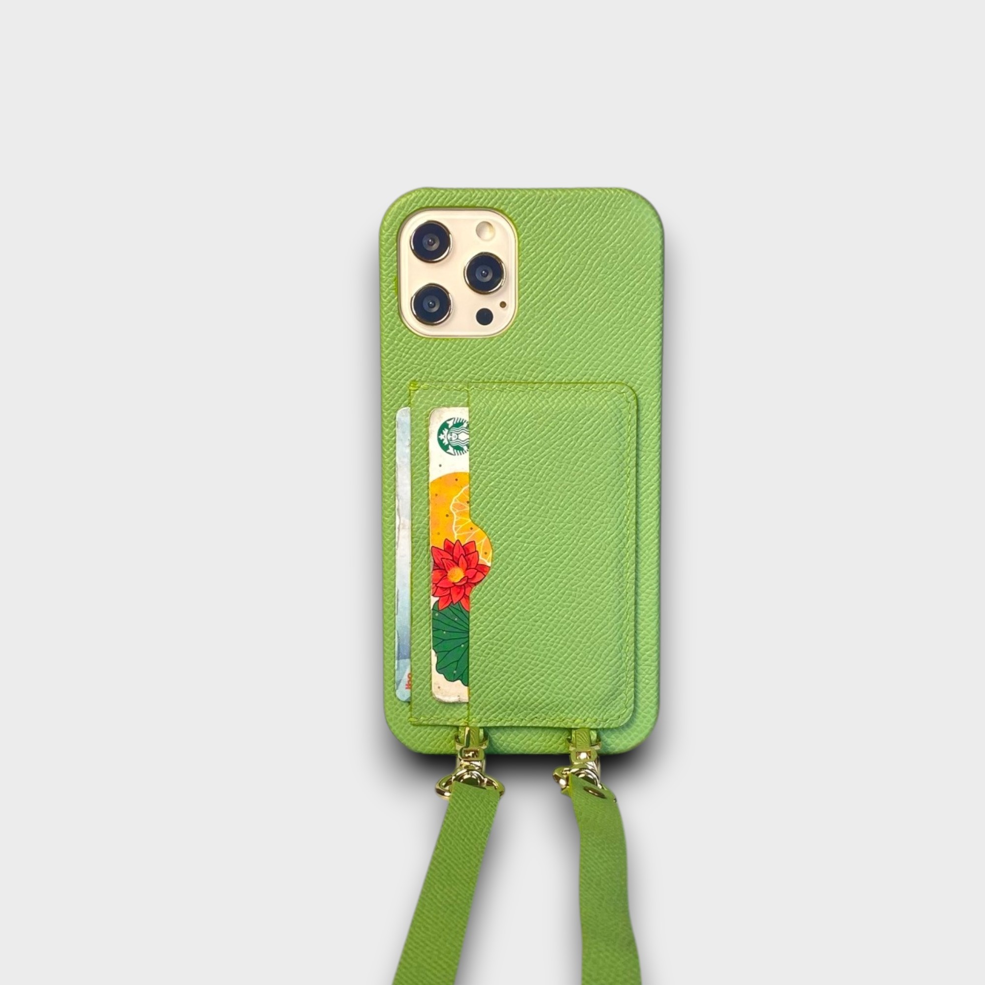 LS0984 - Ốp da thủ công viền full da 2 khe thẻ handstrap kèm dây đeo - Epsom - E13 Xanh chuối - 12 Promax