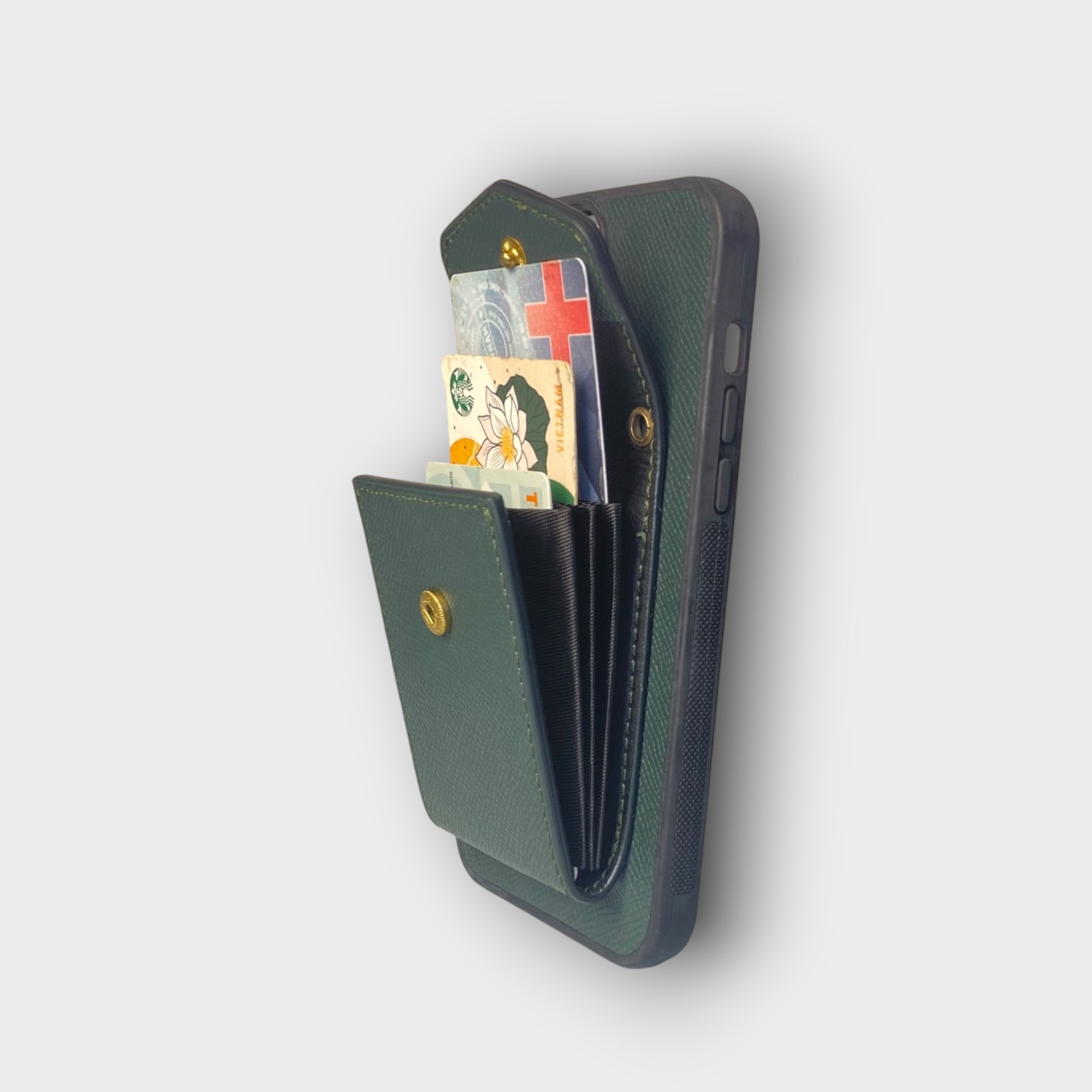 LS0990 - Ốp da thủ công viền đen ví Lisa kèm dây đeo - Epsom - E6 Xanh rêu - 12 Promax