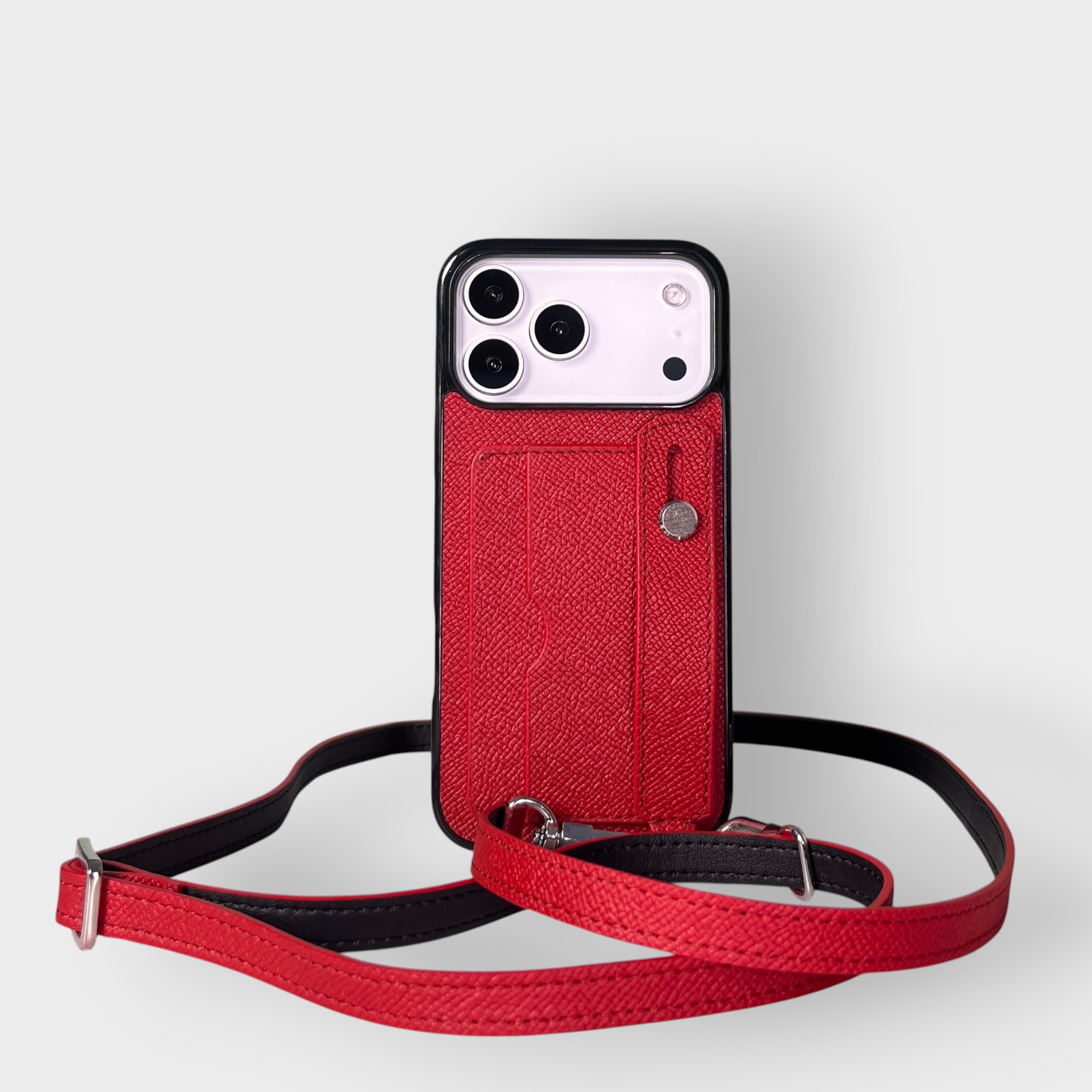 LS1018 - Ốp da thủ công viền đen 2 khe thẻ handstrap kèm dây đeo - Epsom - E9 Đỏ đô - 17 Promax