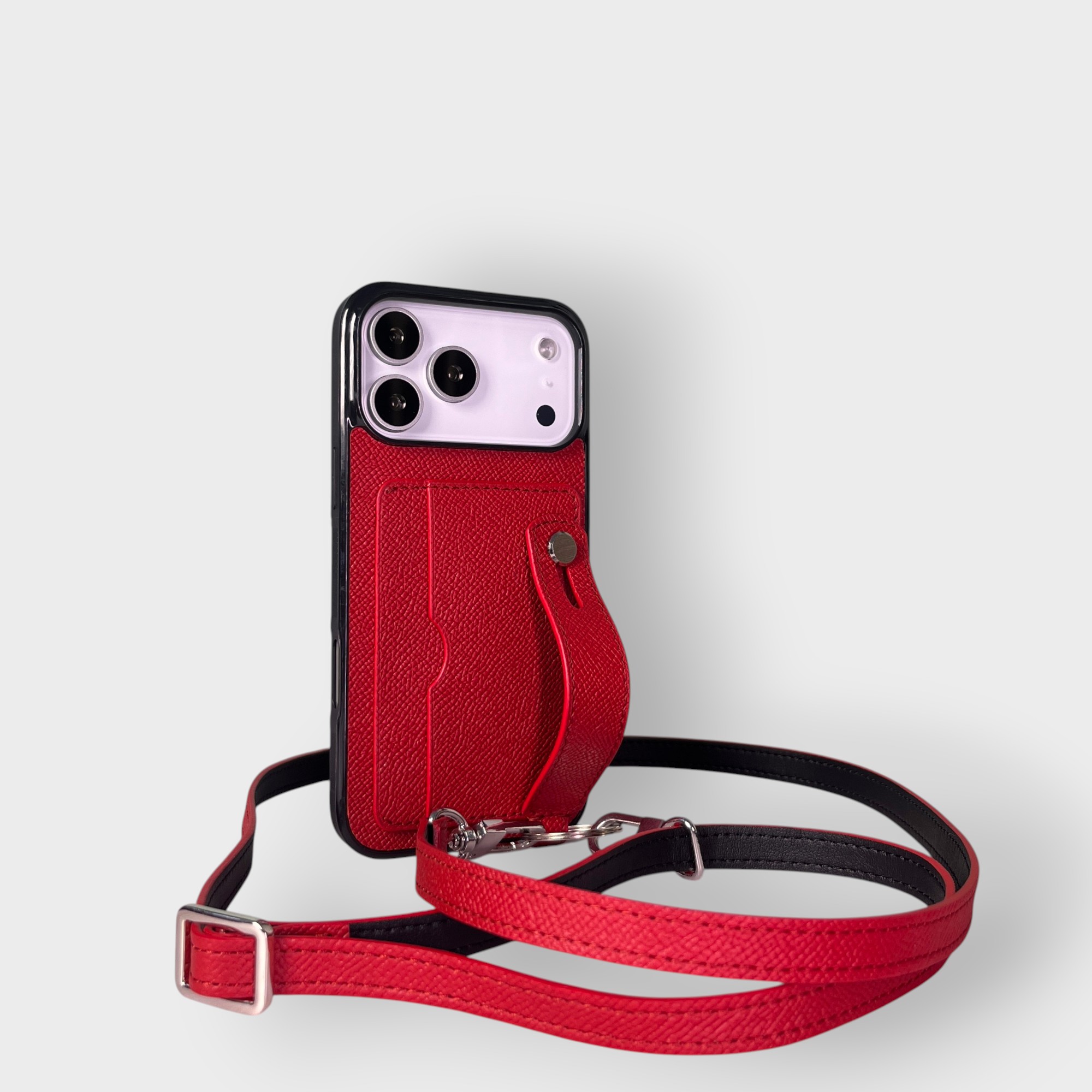 LS1018 - Ốp da thủ công viền đen 2 khe thẻ handstrap kèm dây đeo - Epsom - E9 Đỏ đô - 17 Promax