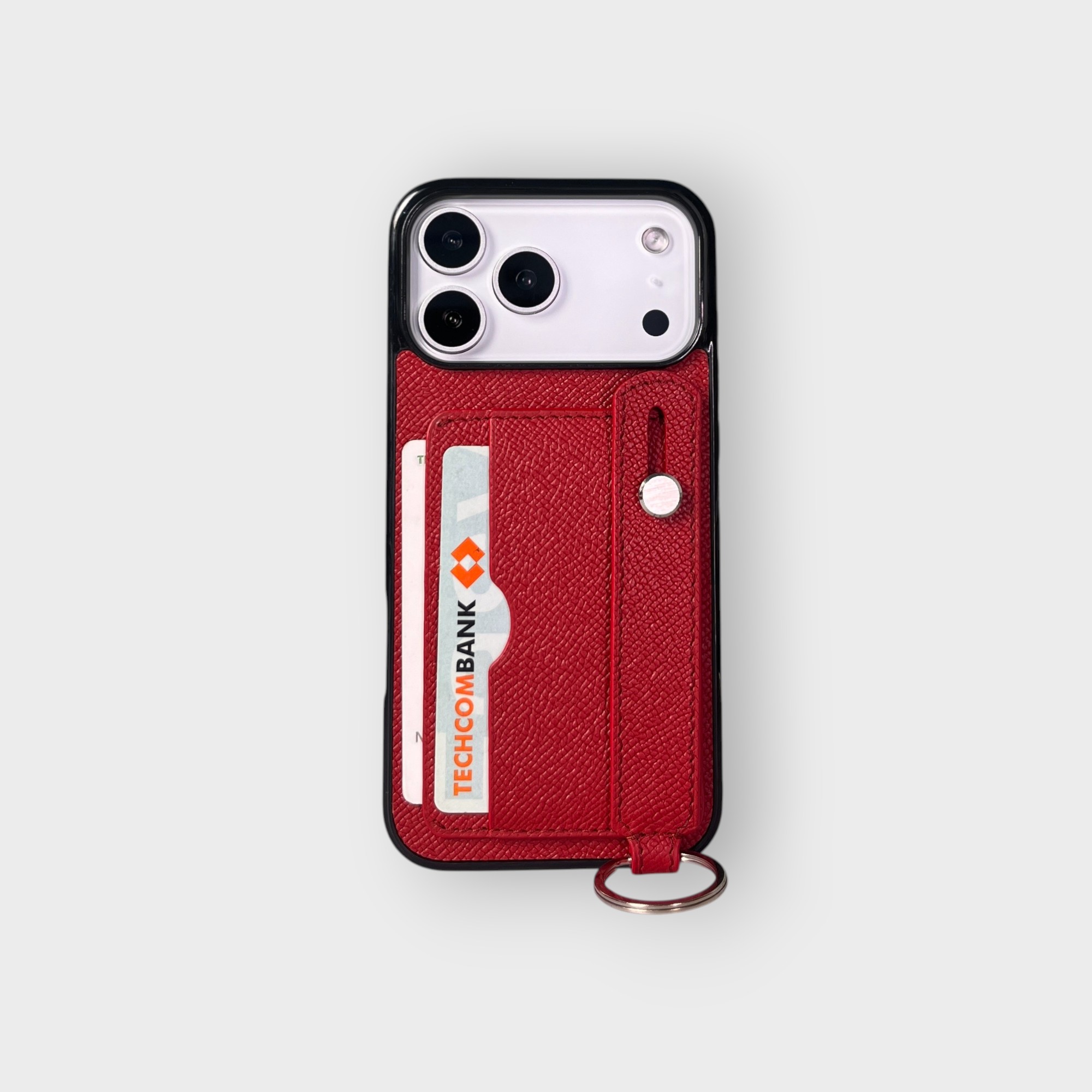 LS1018 - Ốp da thủ công viền đen 2 khe thẻ handstrap kèm dây đeo - Epsom - E9 Đỏ đô - 17 Promax