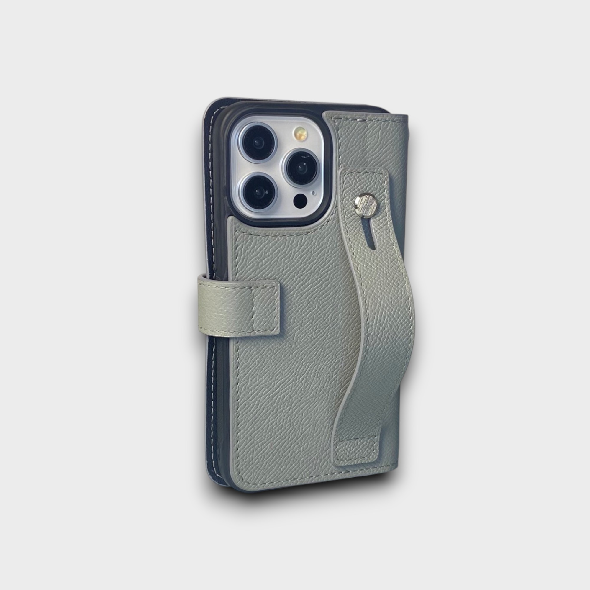 LS1029 - Bao da thủ công viền đen Flip kèm handstrap - Epsom - E17 Xám - 15 Promax