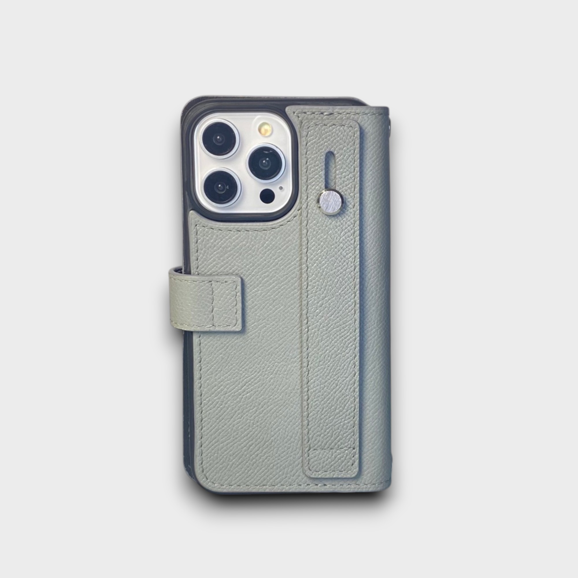 LS1029 - Bao da thủ công viền đen Flip kèm handstrap - Epsom - E17 Xám - 15 Promax