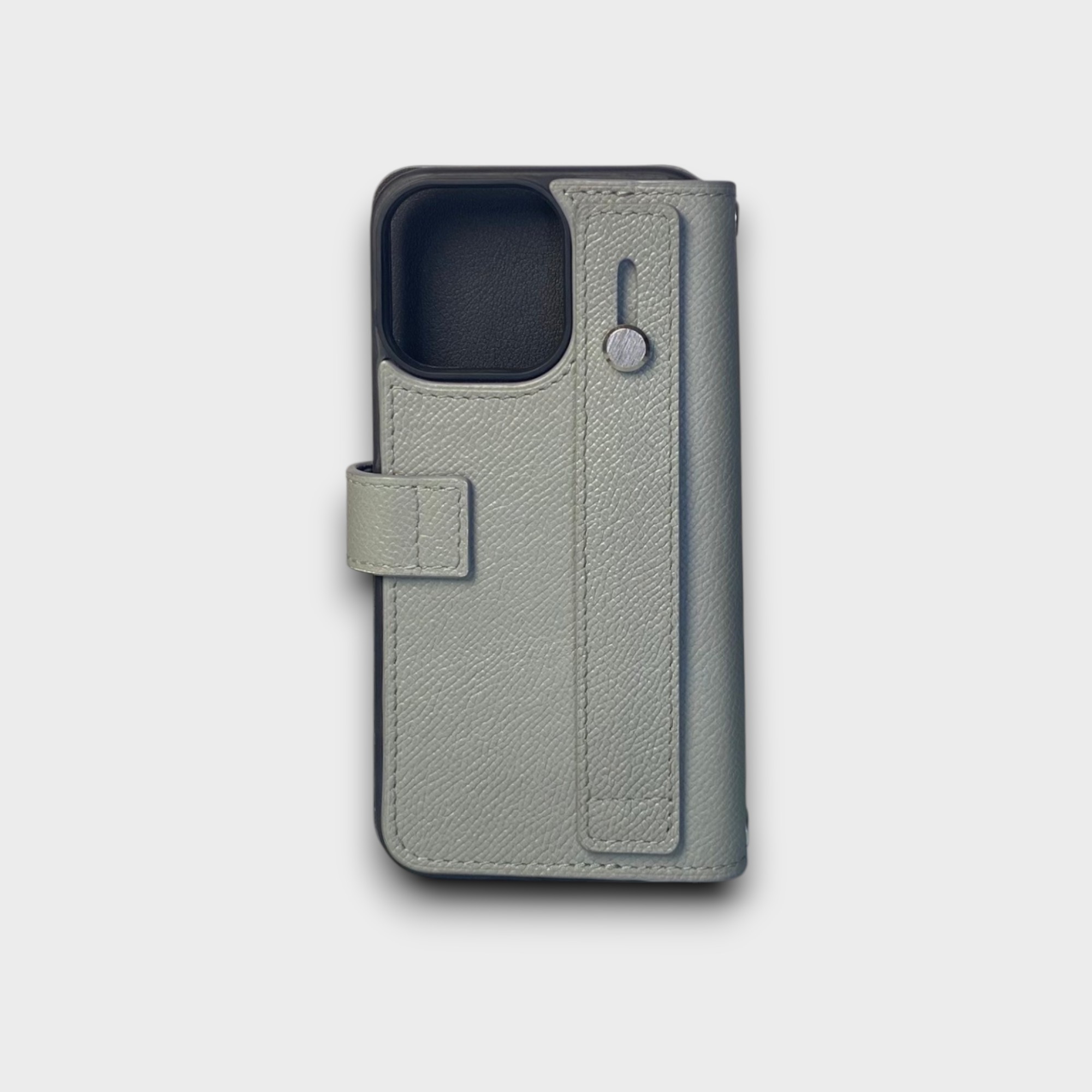 LS1029 - Bao da thủ công viền đen Flip kèm handstrap - Epsom - E17 Xám - 15 Promax