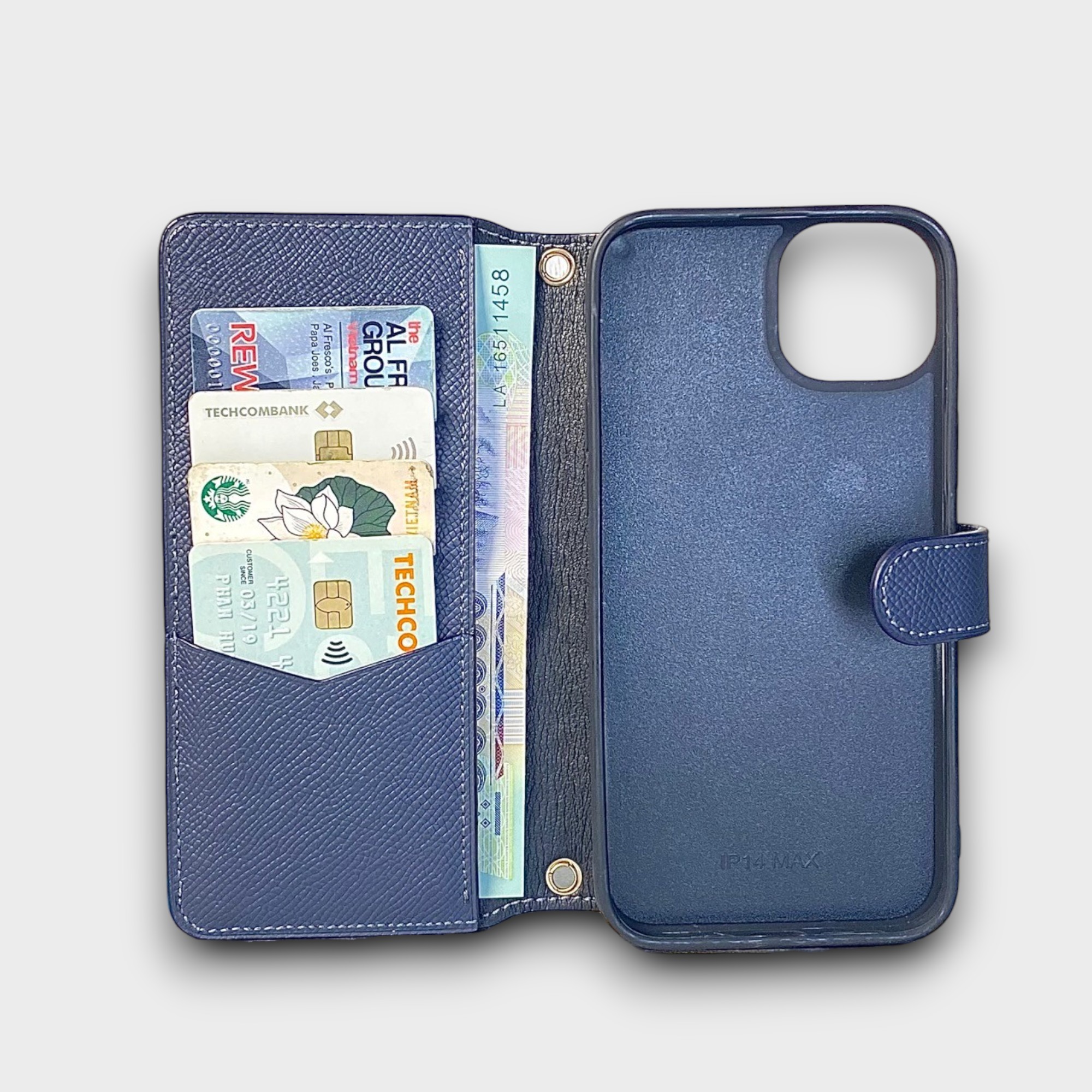 LS1053 - Bao da thủ công viền đen Flip quai cài kèm dây đeo - Epsom - E3 Xanh navy - 14 Plus