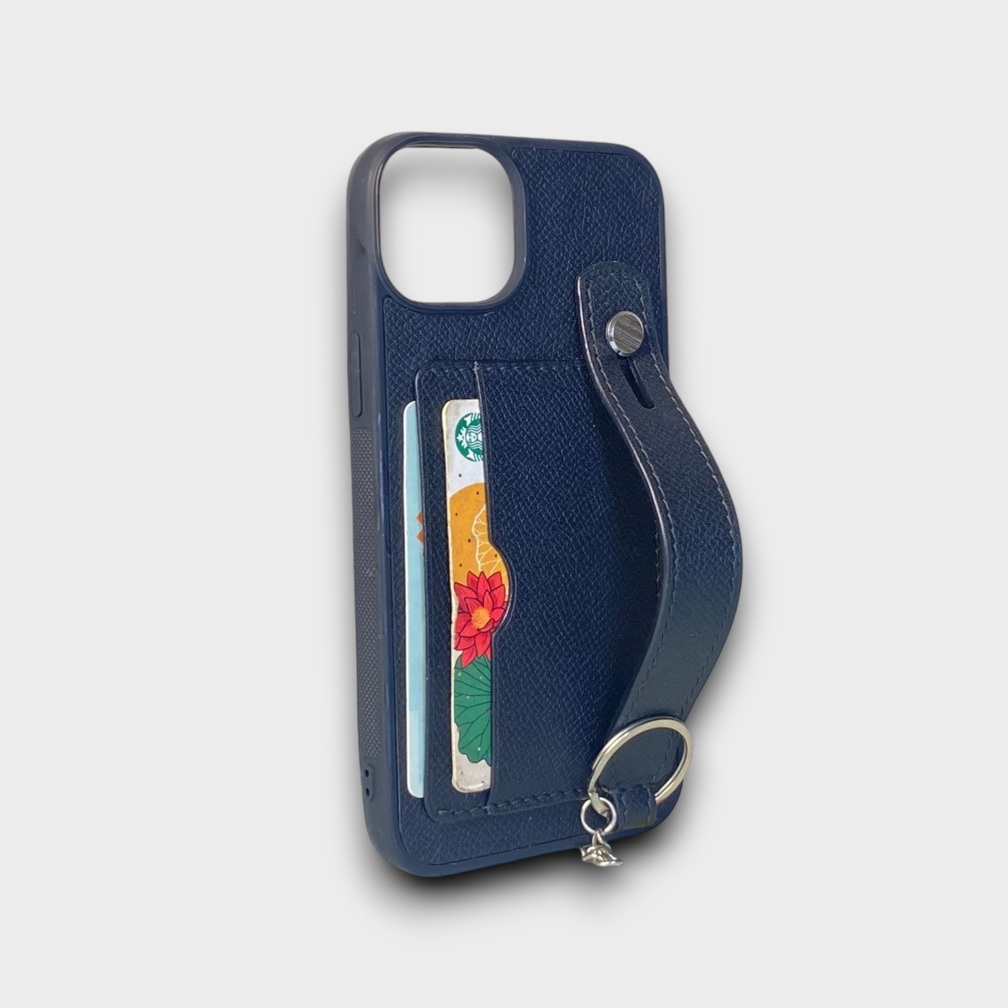 LS1070 - Ốp da thủ công viền full da 2 khe thẻ handstrap kèm dây đeo - Epsom - E1 Đen - 14 Plus