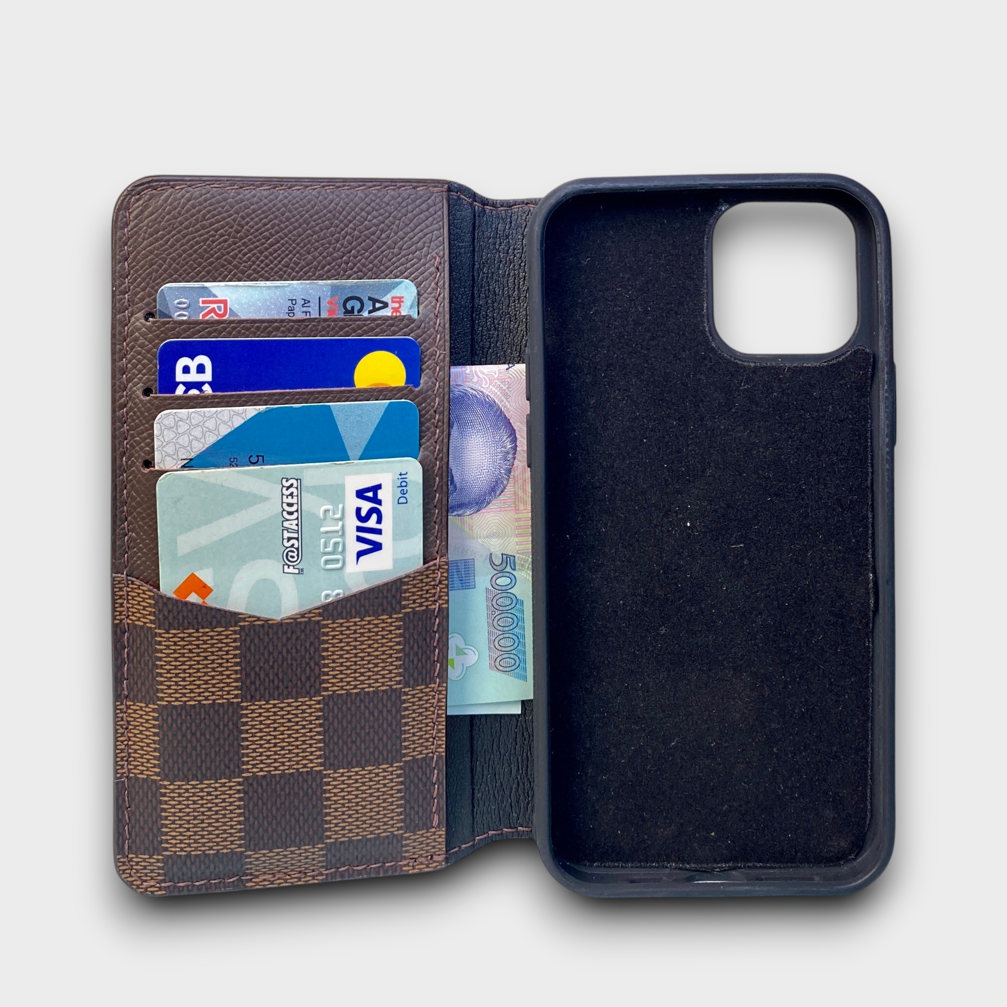 LS1107 - Bao da thủ công viền đen Flip - LV - LV5 Caro nâu - 12/12Pro