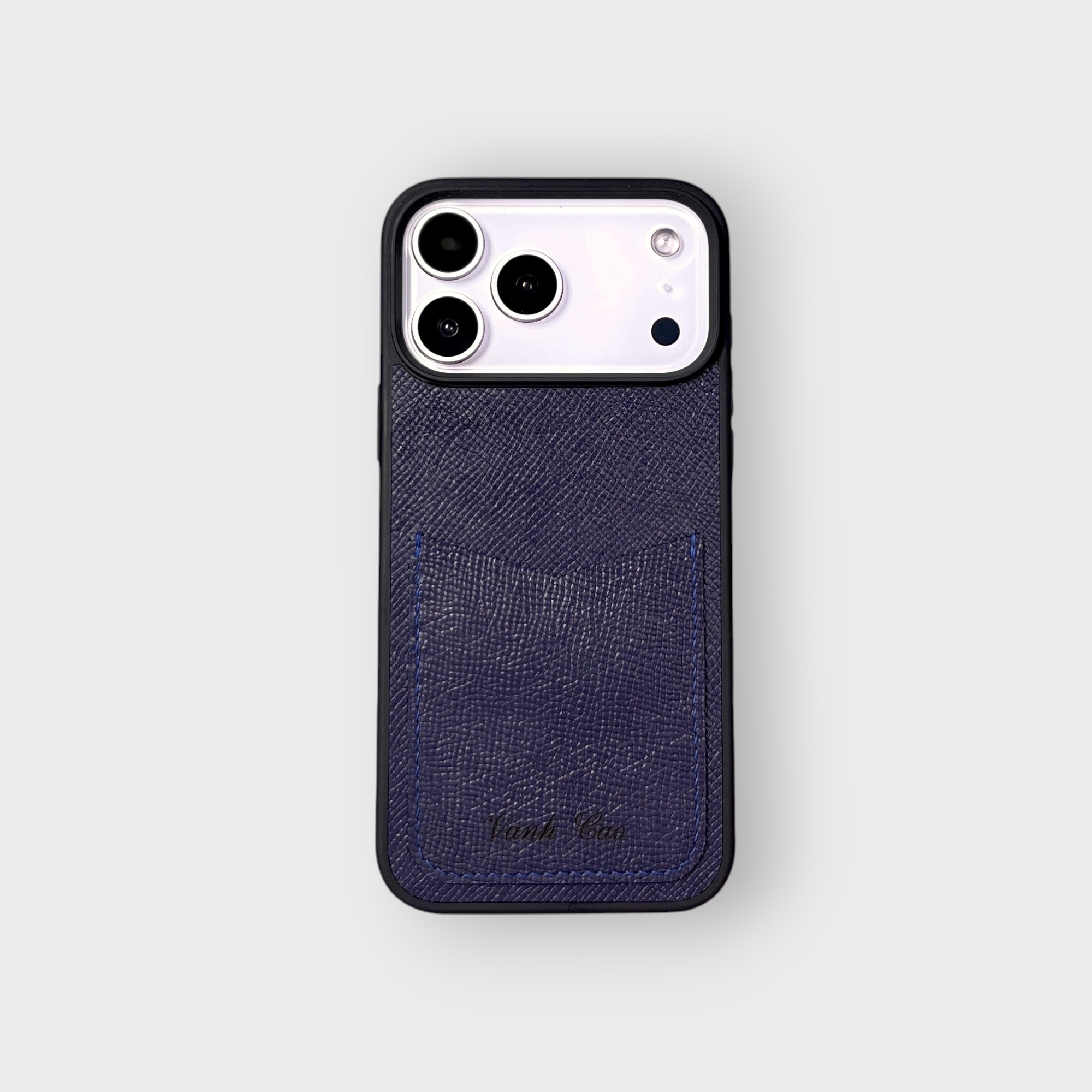 LS1126 - Ốp da thủ công viền đen khe thẻ dọc - Epsom - E3 Xanh navy - 17 Promax