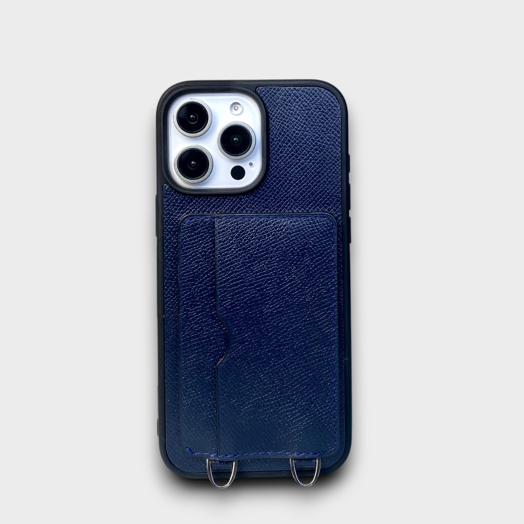 LS1187 - Ốp da thủ công viền đen 2 khe thẻ ngang kèm dây đeo - Epsom - E3 Xanh navy - 16 Promax