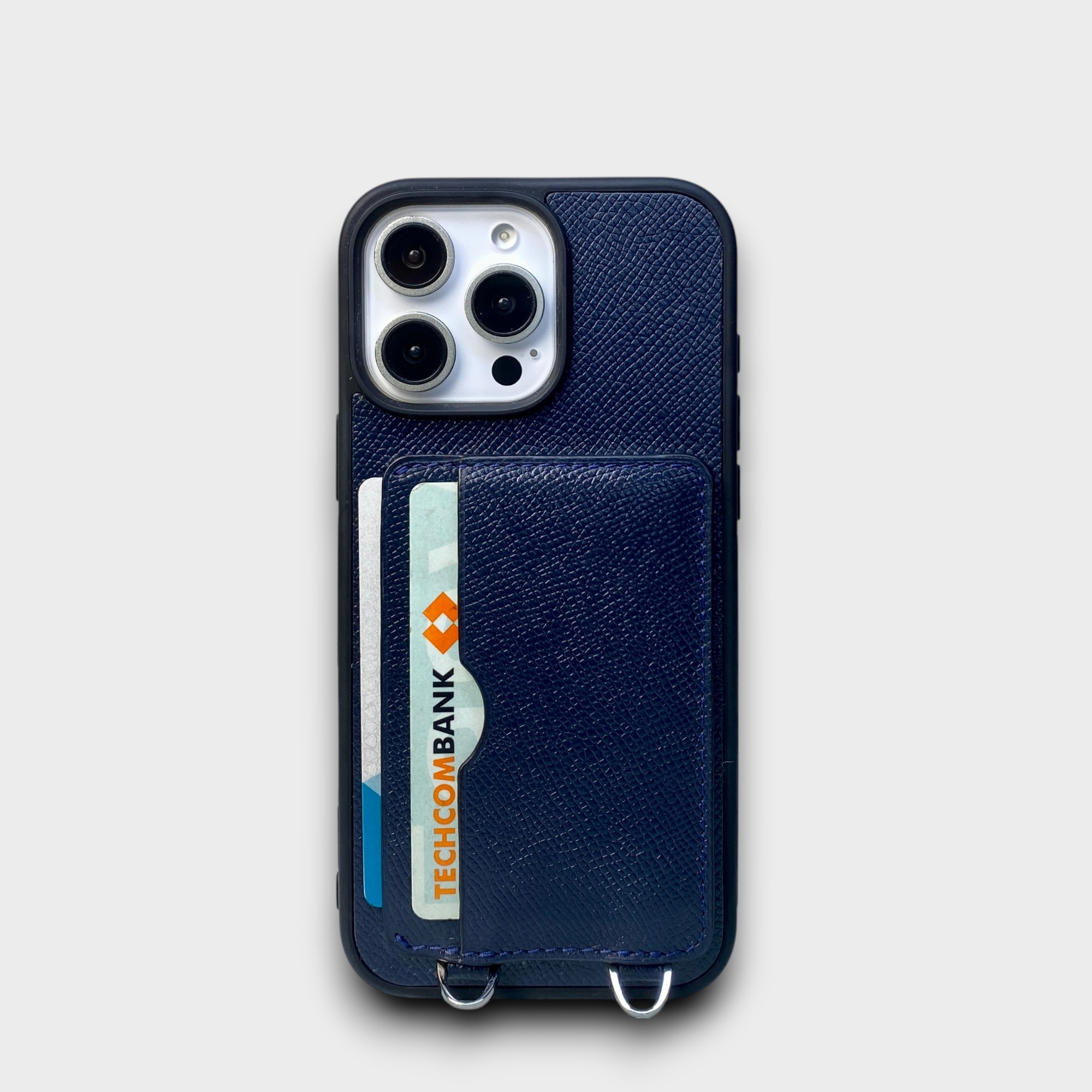 LS1187 - Ốp da thủ công viền đen 2 khe thẻ ngang kèm dây đeo - Epsom - E3 Xanh navy - 16 Promax