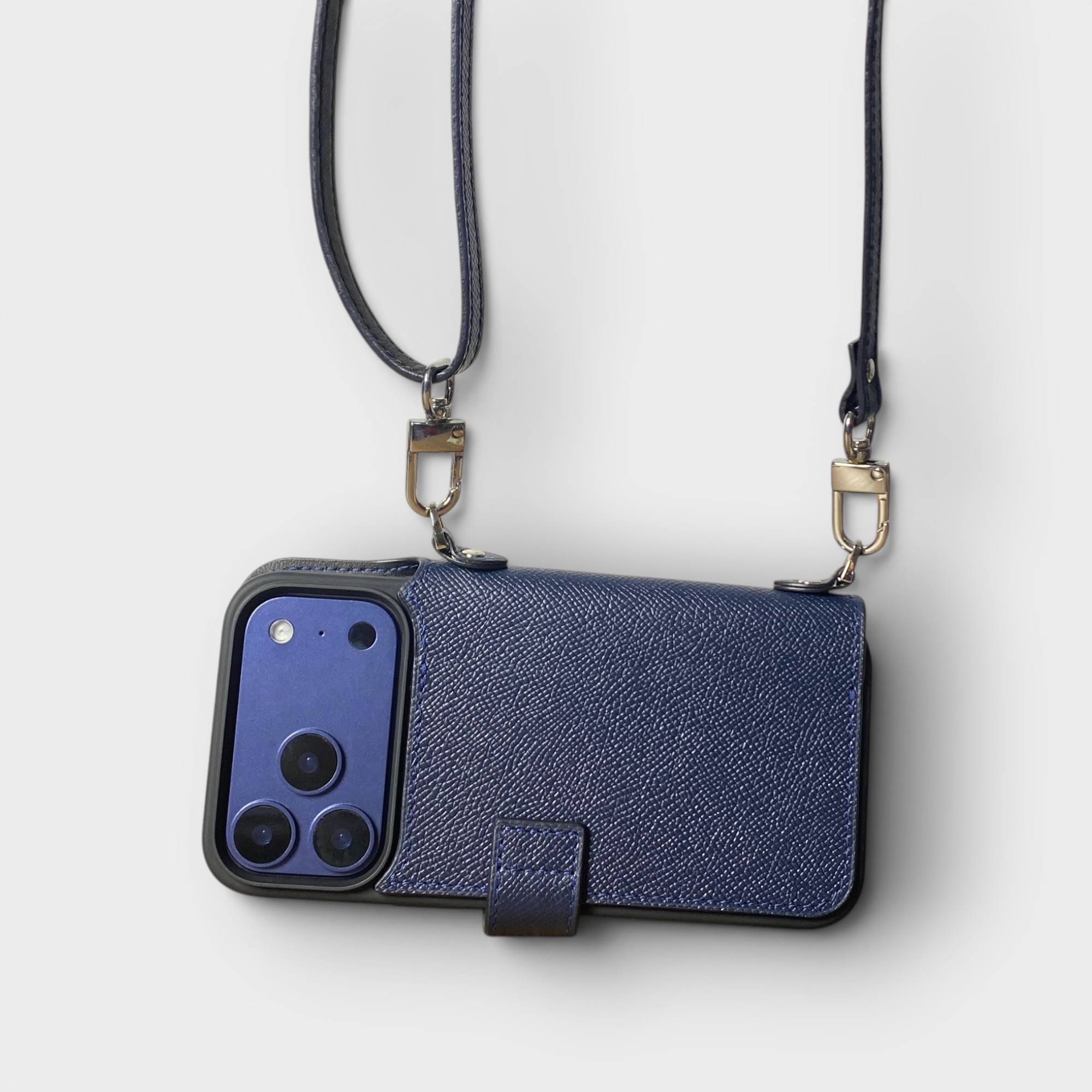LS1212 - Bao da thủ công viền đen Flip quai cài kèm dây đeo - Epsom - E3 Xanh navy - 17 Promax