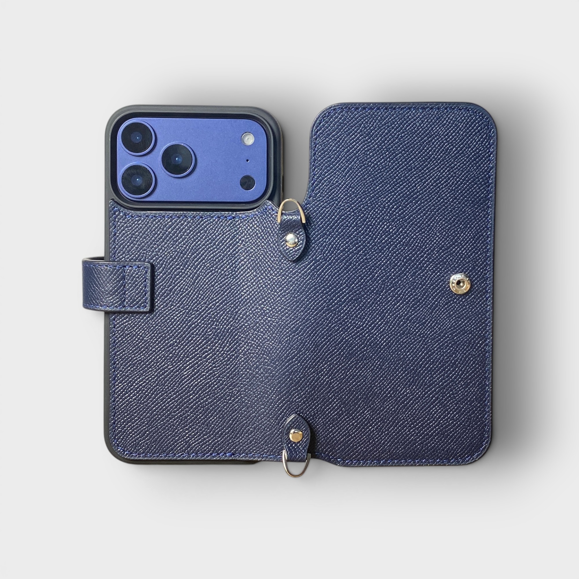 LS1212 - Bao da thủ công viền đen Flip quai cài kèm dây đeo - Epsom - E3 Xanh navy - 17 Promax