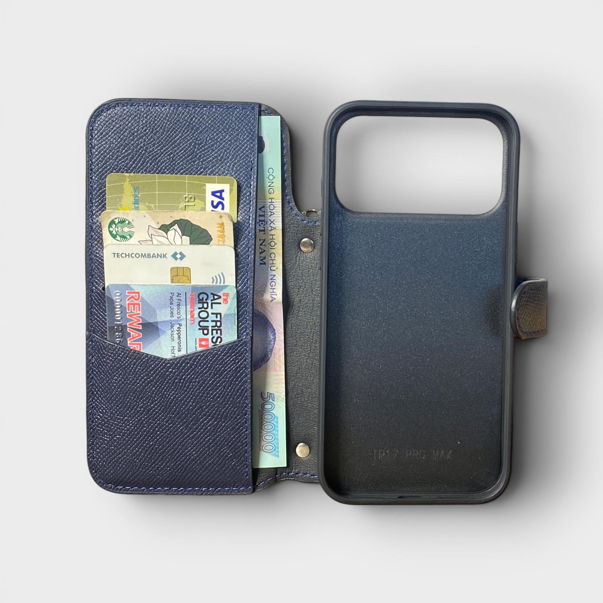LS1212 - Bao da thủ công viền đen Flip quai cài kèm dây đeo - Epsom - E3 Xanh navy - 17 Promax