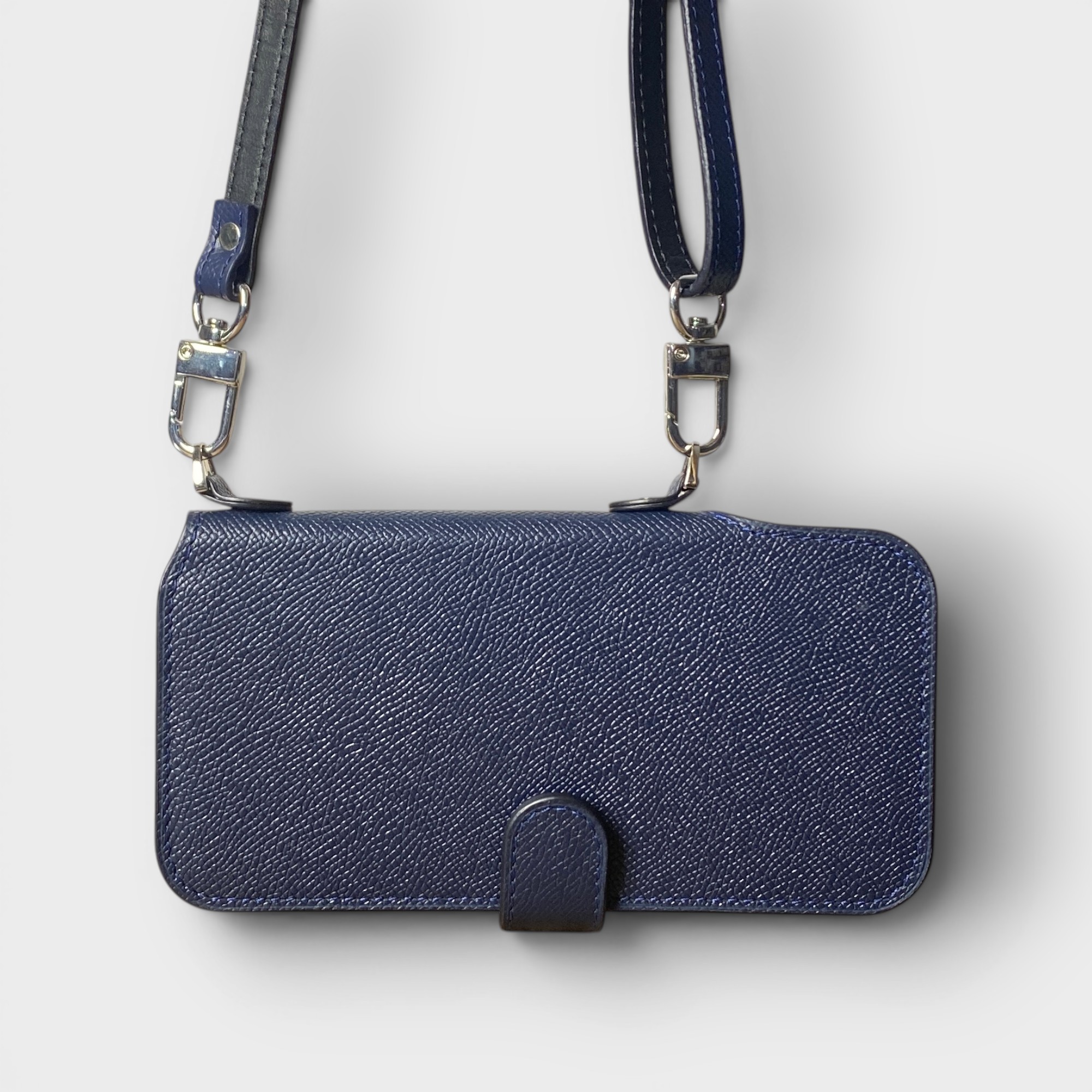 LS1212 - Bao da thủ công viền đen Flip quai cài kèm dây đeo - Epsom - E3 Xanh navy - 17 Promax