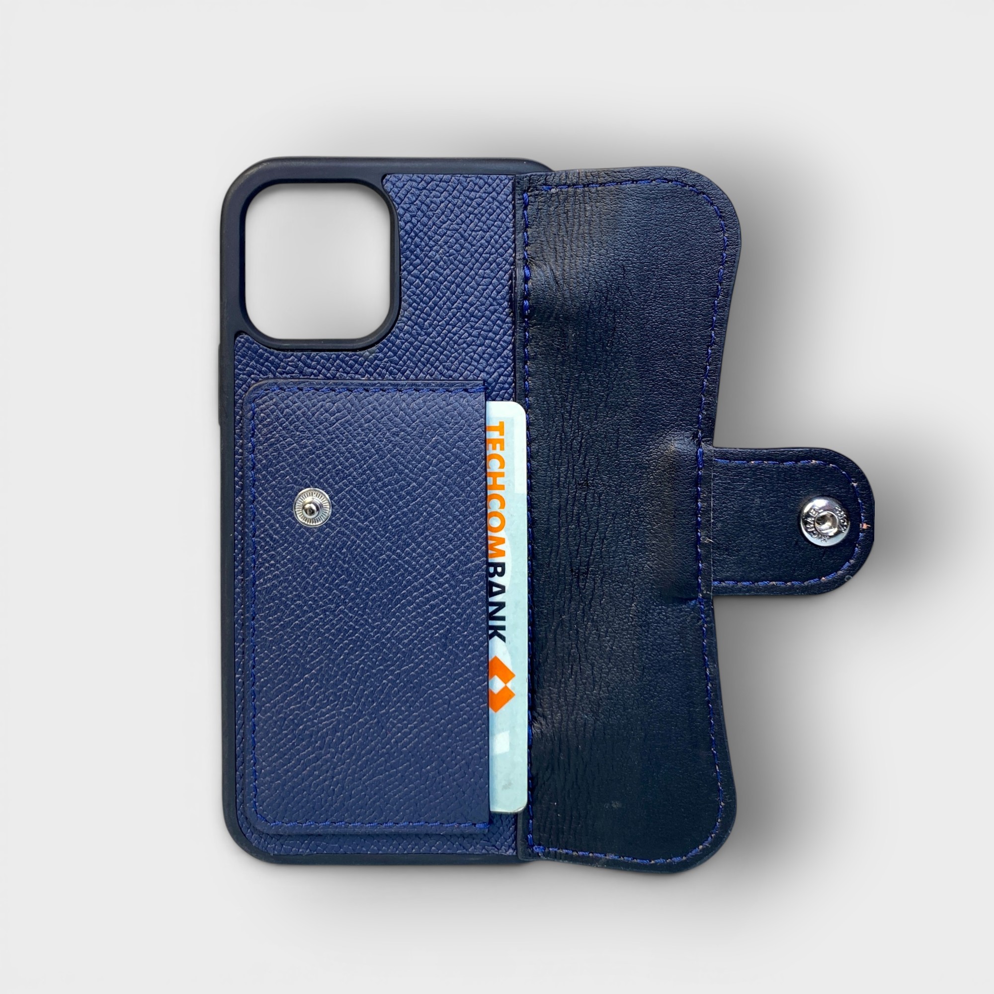 LS1263 - Ốp da thủ công viền đen khe thẻ nắp Celina kèm dây đeo ngang - Epsom - E3 Xanh navy - 12/12Pro