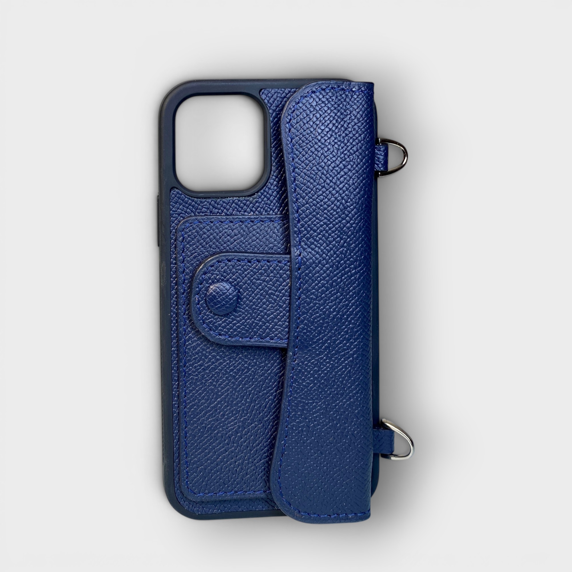 LS1263 - Ốp da thủ công viền đen khe thẻ nắp Celina kèm dây đeo ngang - Epsom - E3 Xanh navy - 12/12Pro
