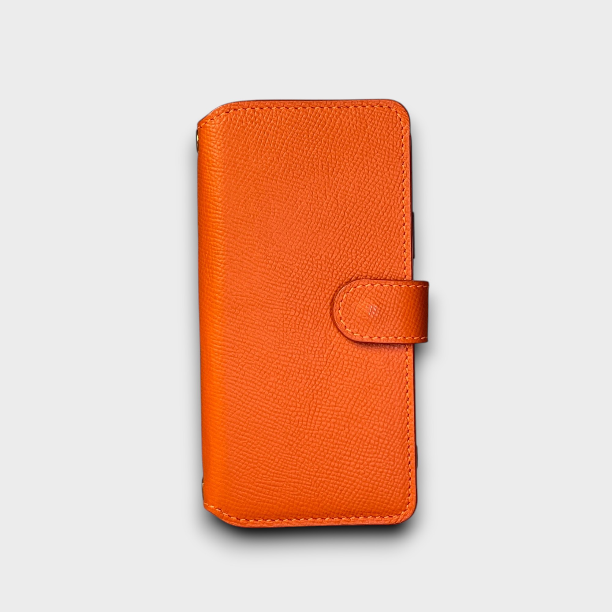 LS1272 - Bao da thủ công viền đen Flip quai cài kèm dây đeo - Epsom - E11 Cam - 11 Pro