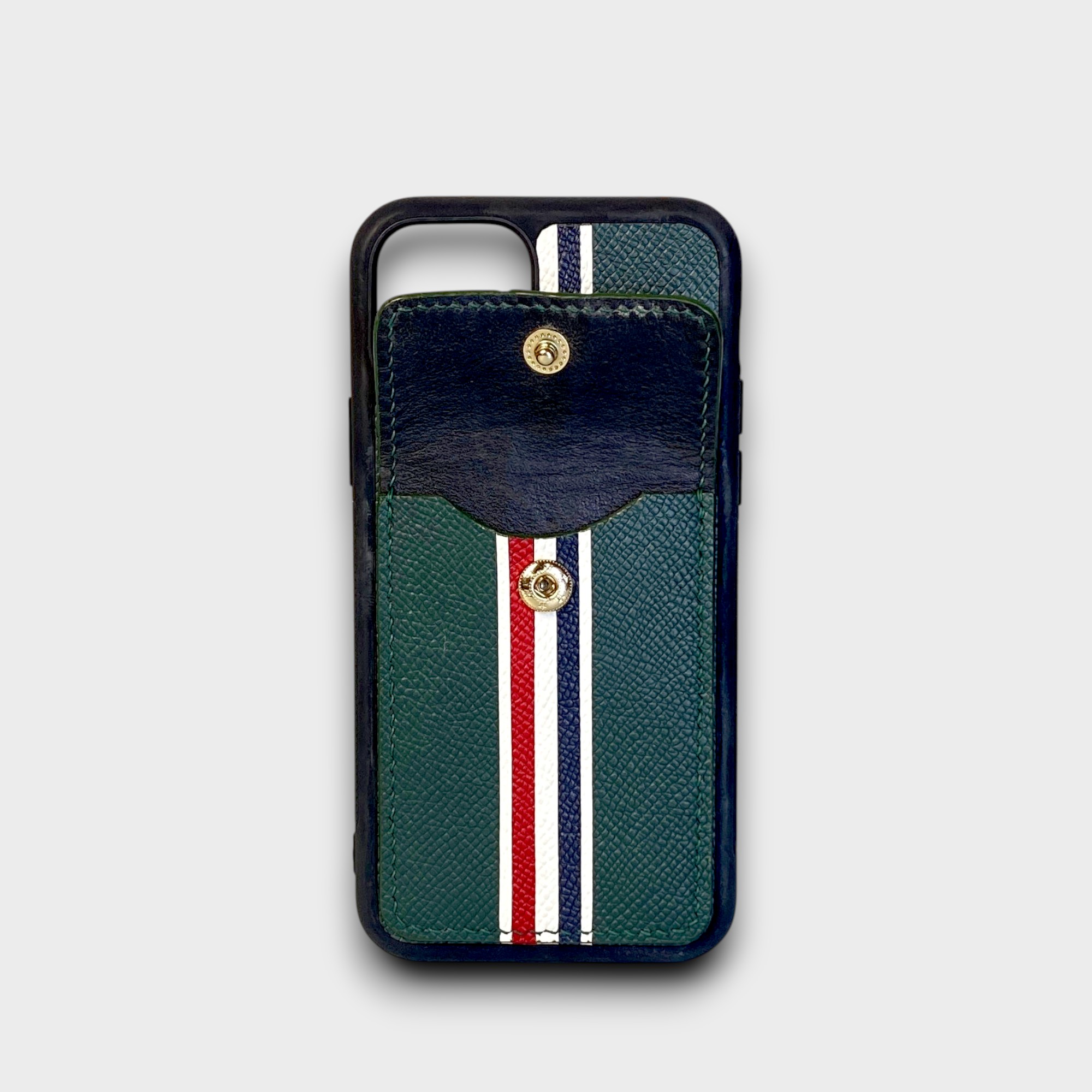 LS1285 - Ốp da thủ công viền đen Thom Browne khe thẻ dọc - Epsom - E6 Xanh rêu - 11 Pro