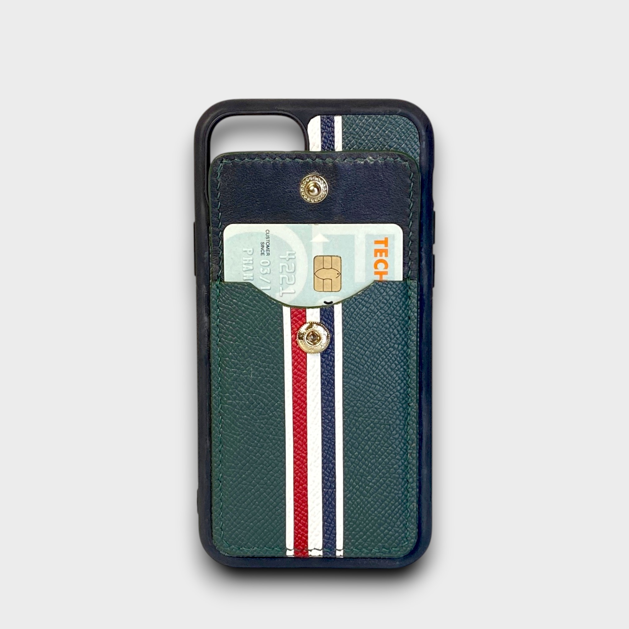 LS1285 - Ốp da thủ công viền đen Thom Browne khe thẻ dọc - Epsom - E6 Xanh rêu - 11 Pro