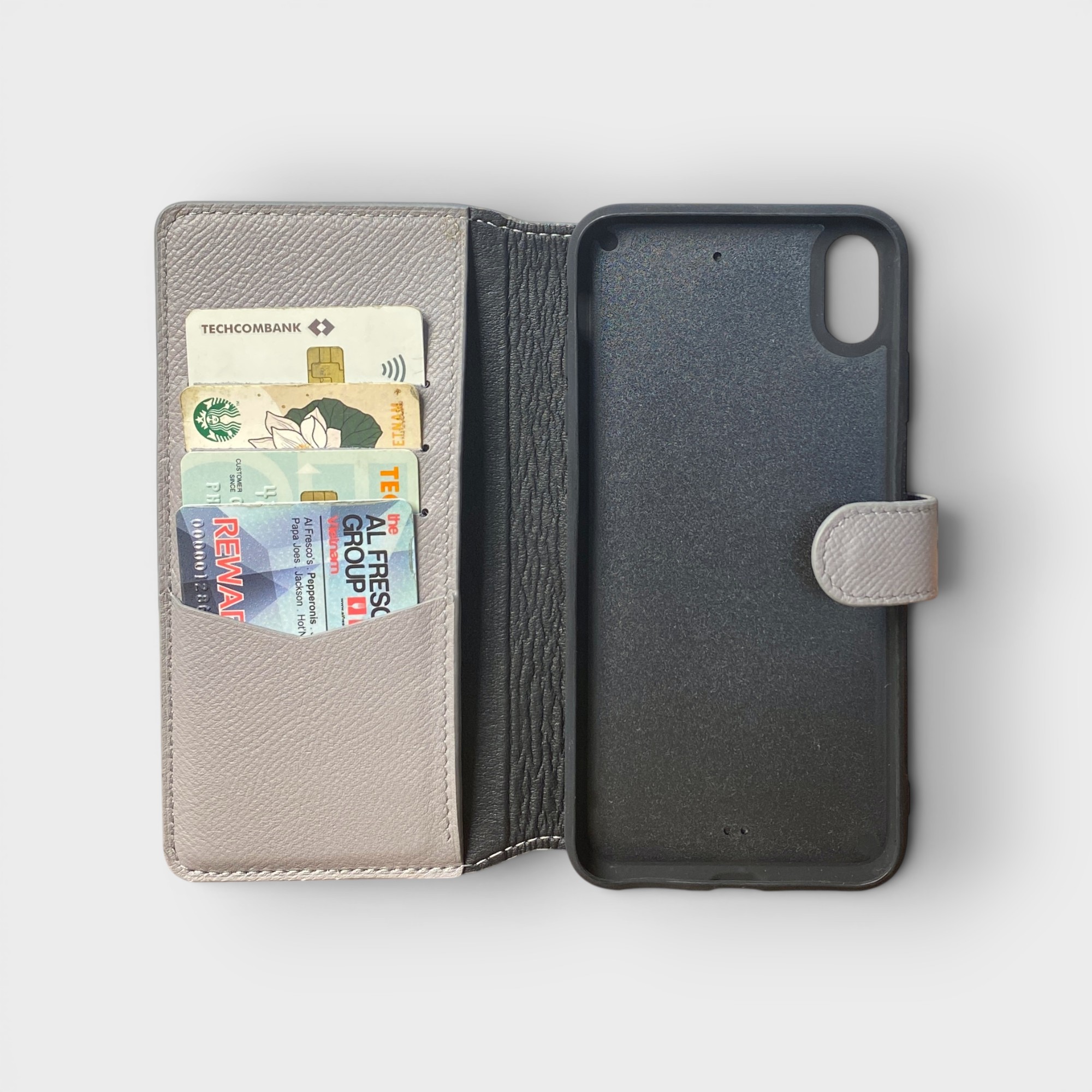 LS1541 - Bao da thủ công viền đen Flip - Epsom - E17 Xám - XS Max