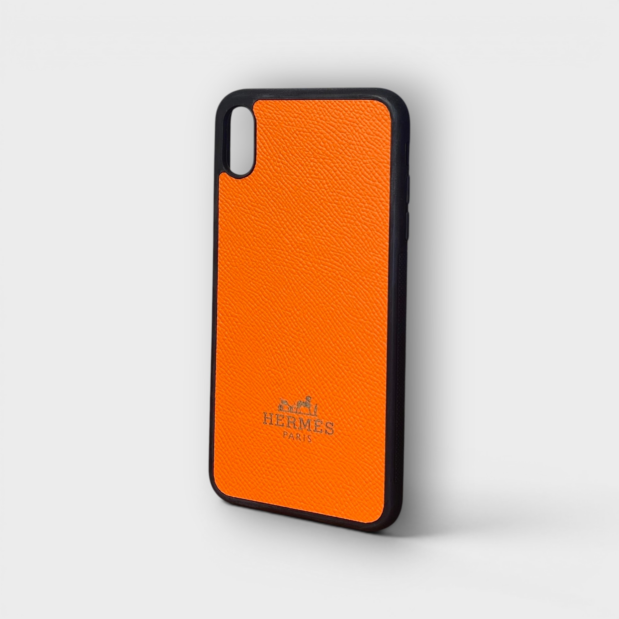 LS1548 - Ốp da thủ công viền đen khắc Hermes - Epsom - E11 Cam - XS Max