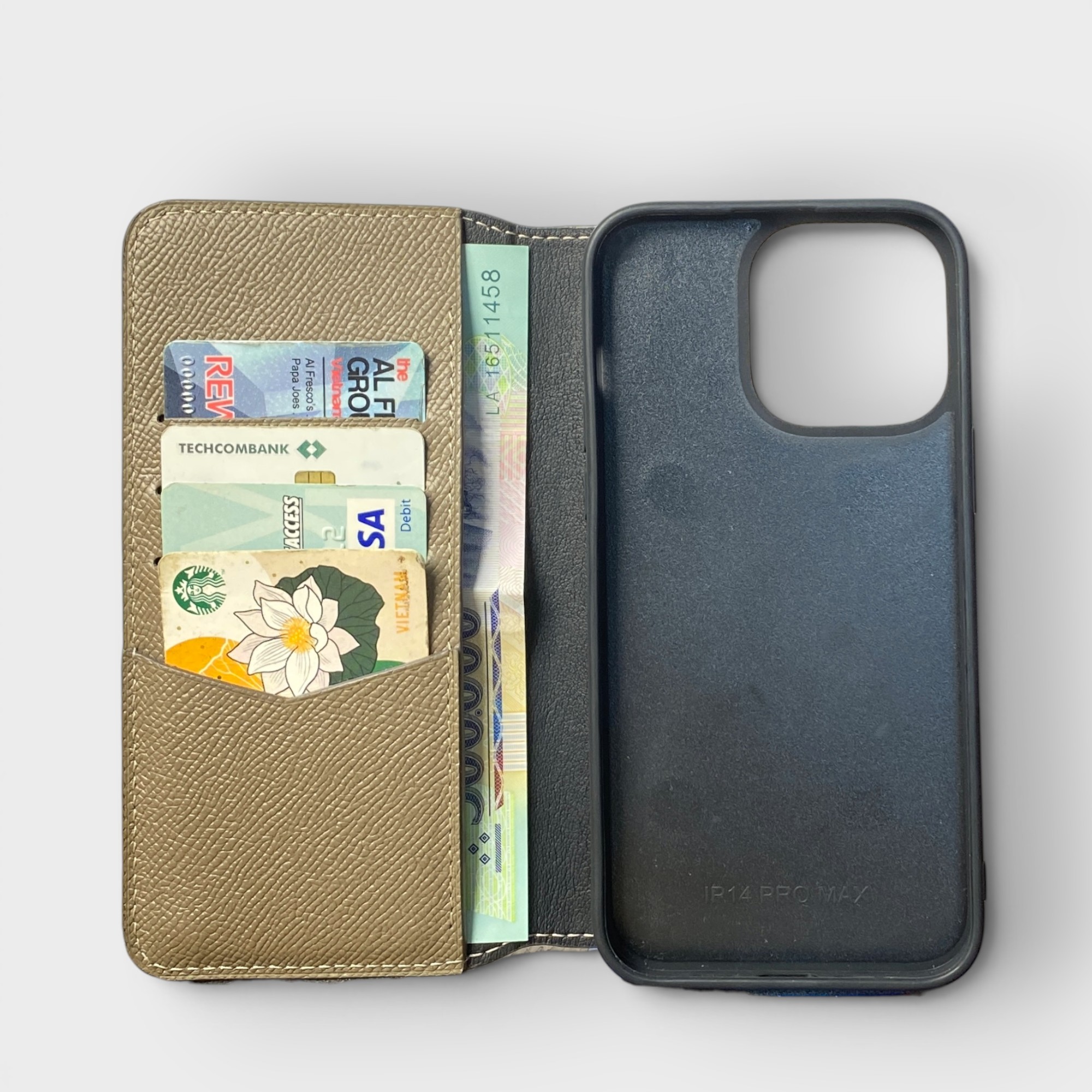 LS1593 - Bao da thủ công viền đen Flip - Epsom - E15 Nâu tây - 14 Promax