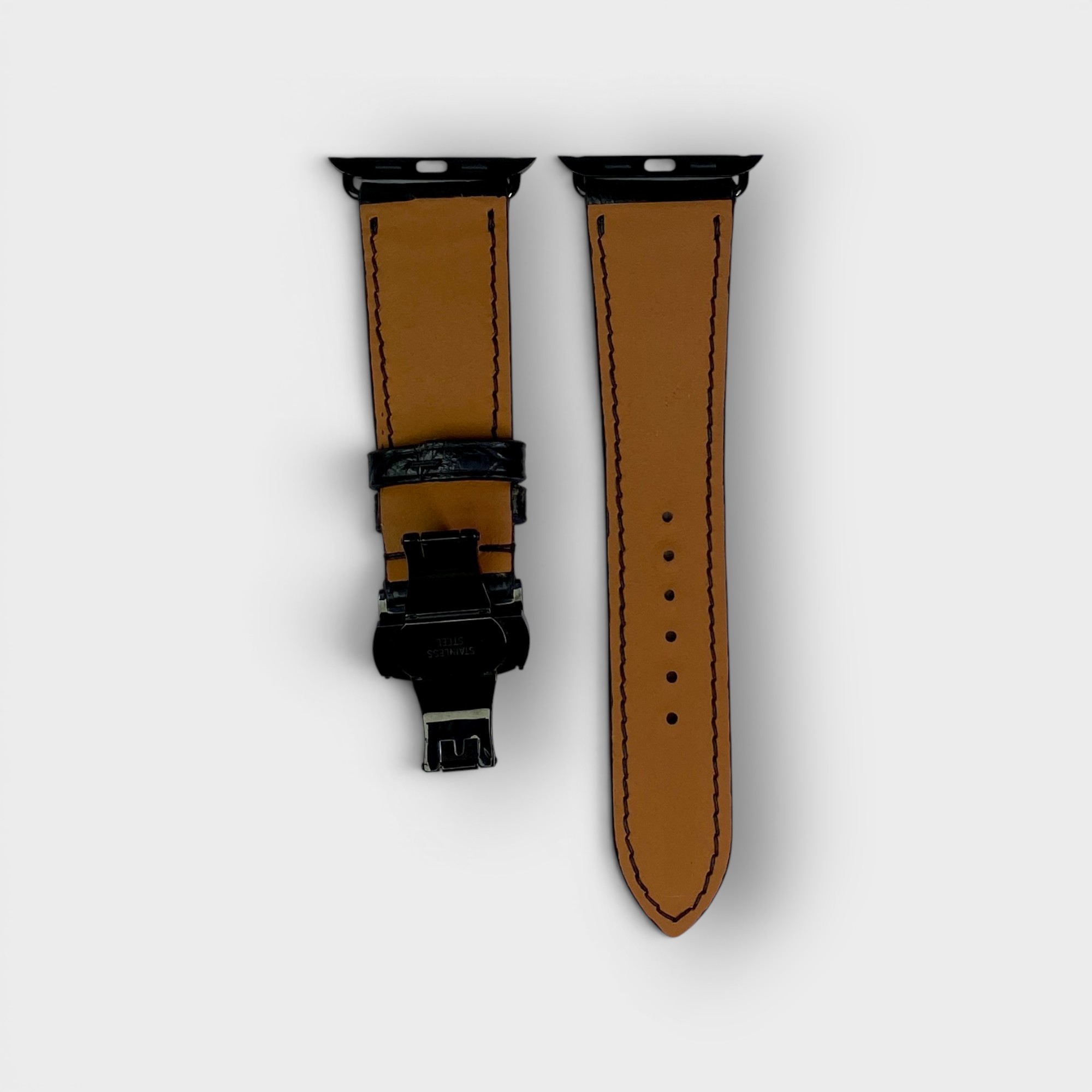 LS1609 - Dây da thủ công - Cá sấu - CS3 Đen - Khoá Bướm Đen - 42/44/45/46/49mm