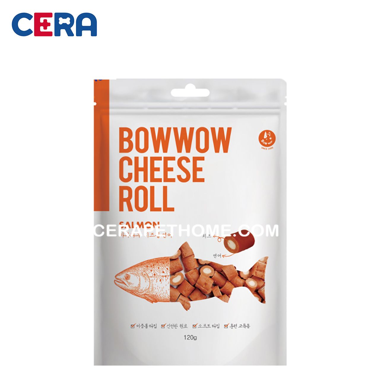 Snack Cho Chó - Phô Mai Cuộn Cá Hồi Viên - Bowwow Cheese Roll Salmon 120gr