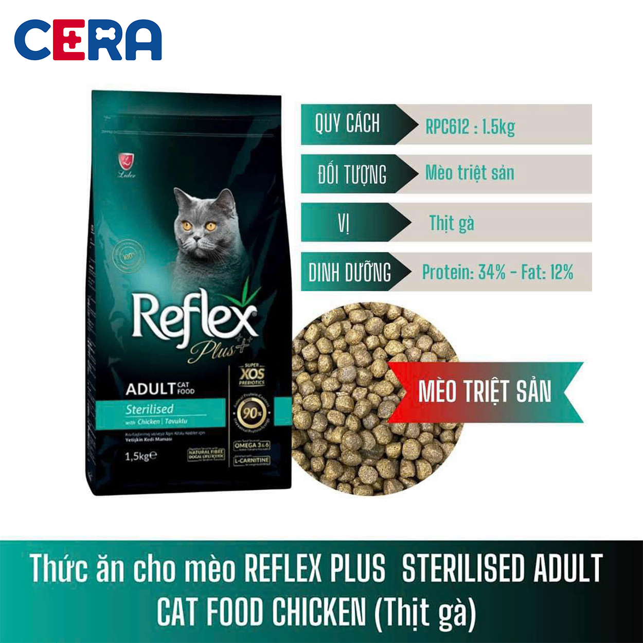 Hạt Cho Mèo Triệt Sản Vị Gà - Reflex Plus Sterilised Adult Chicken 1.5 Kg