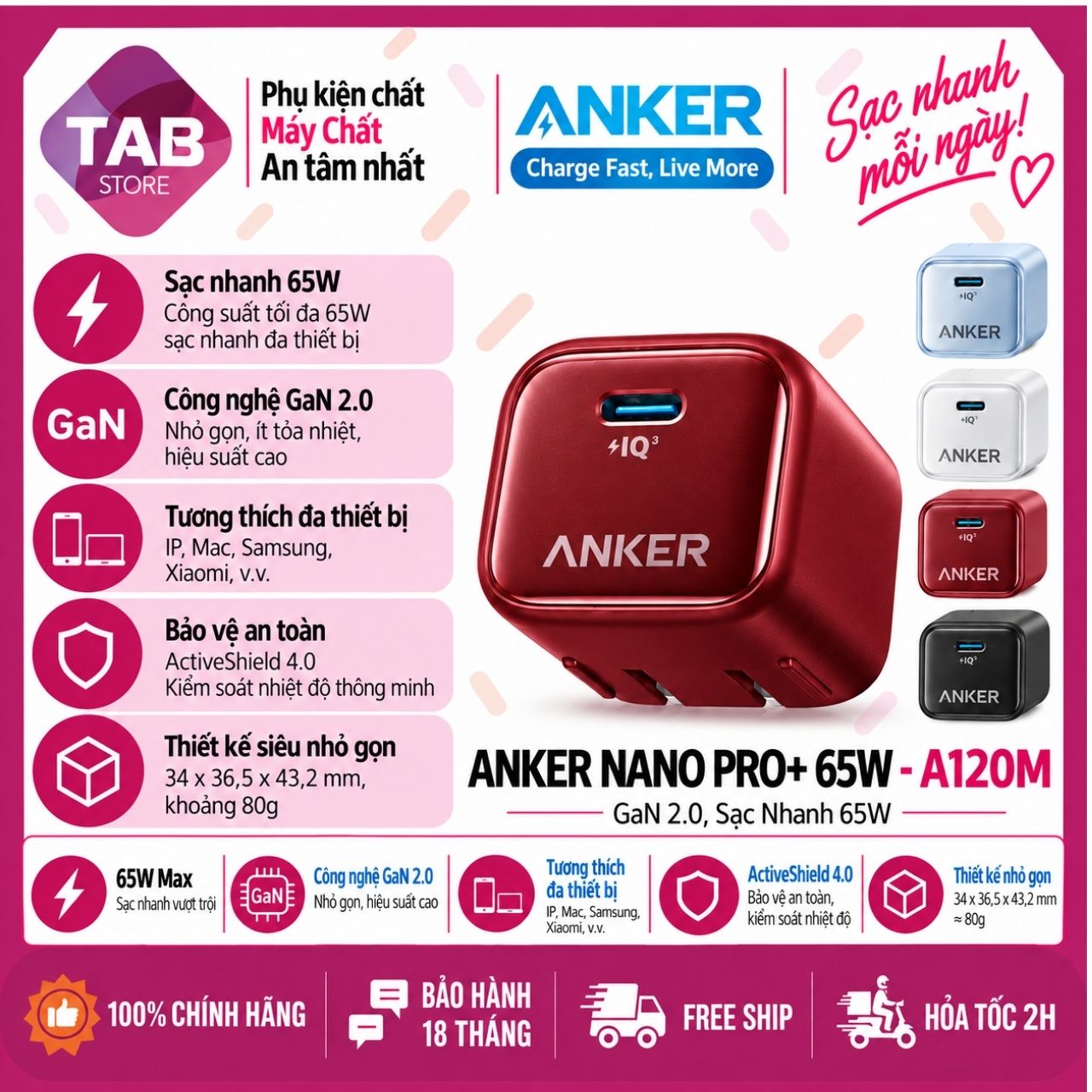 (HÀNG ĐẶT TRƯỚC) Sạc Anker Nano Pro+ 65W, GaN 2.0, Xiaomi 55W A120M Chính Hãng - Bảo Hành 18 Tháng