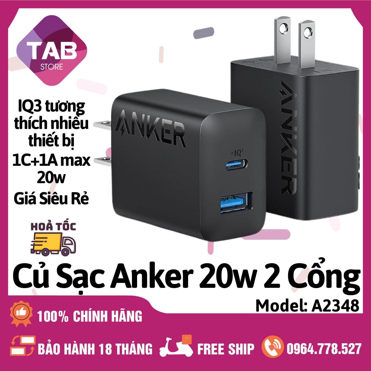 Củ Sạc Anker 20w 2 Cổng C+A IQ3 - A2348 (Bảo Hành 18 Tháng)