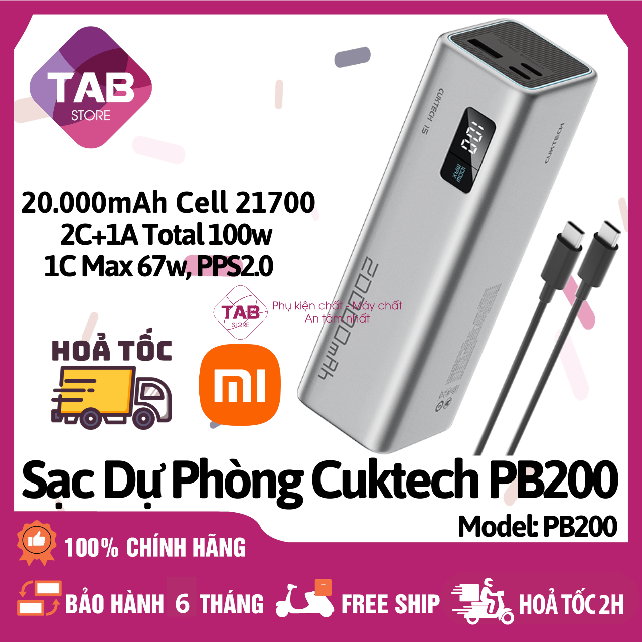 Sạc Dự Phòng Cuktech PB200 20000mAh 2C1A 100W PPS5A QC Mi Turbro - Bảo Hành 18 Tháng