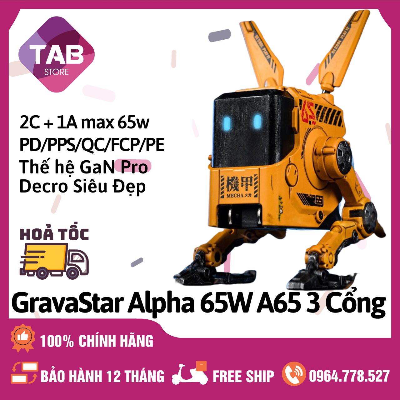 Củ Sạc GravaStar Alpha A65 65W 3 Cổng 2C1A PD/PPS/QC/FCP/PE - Bảo Hành 12 Tháng