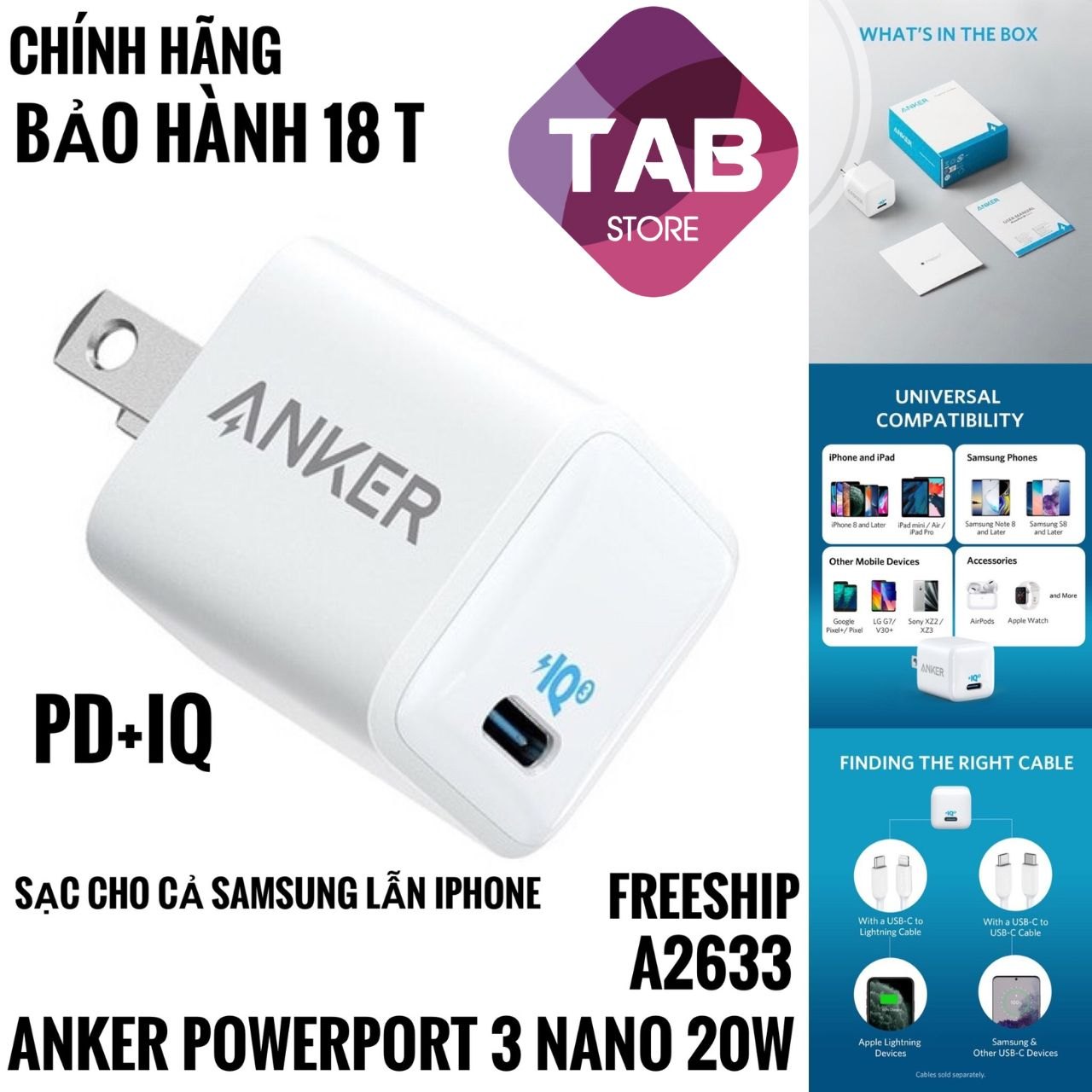 Củ Sạc Anker PowerPort 3 Nano 20W IQ3 - A2633 (Bảo Hành 18T)