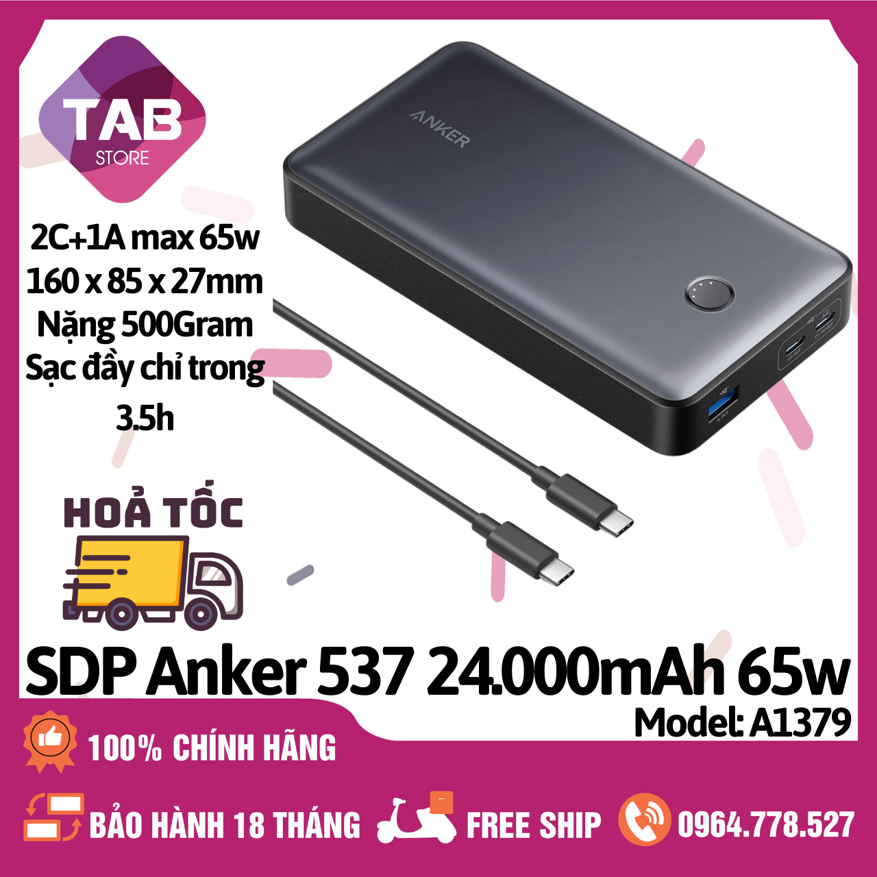 Sạc Dự Phòng Anker 24.000mAh 65w 2C+1A - A1379 (Bảo Hành 18 Tháng)