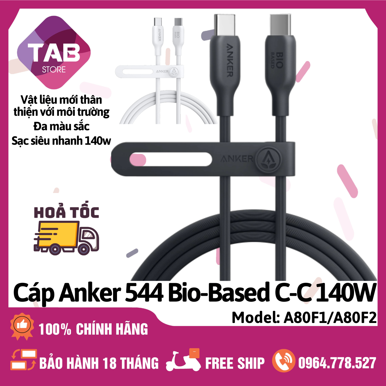 Cáp Anker 544 (Bio-Based) C-C 140W A80F1/A80F2 - Bảo Hành 18 Tháng