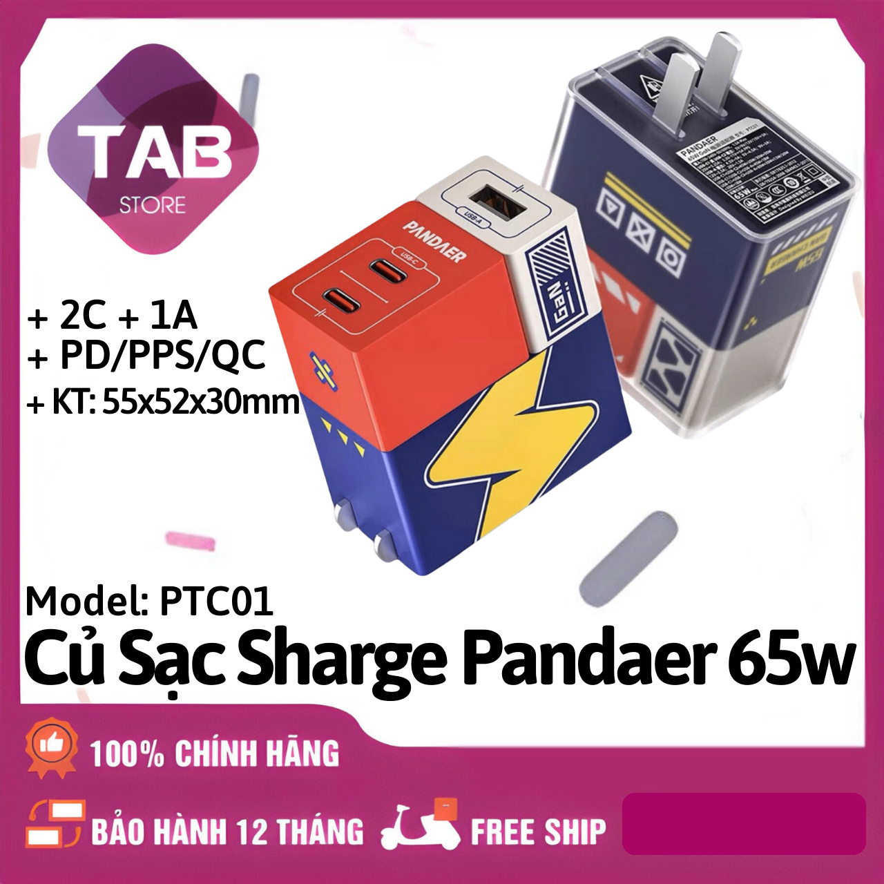 Củ Sạc Sharge Pandaer 65w/67w 3 Cổng (2C1A) PD/PPS/QC - Bảo Hành 12 T (PTC01/PTC07)