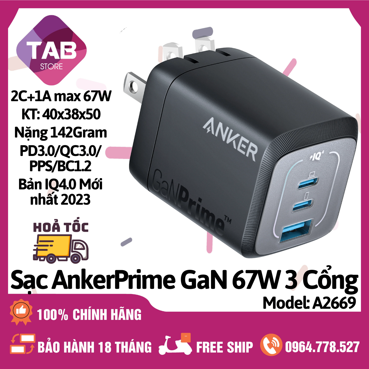 Sạc Anker Prime 67w [Gan Prime] PD3.0/IQ4.0/PPS2.0 2C+1A - A2669 (Bảo Hành 18 Tháng)